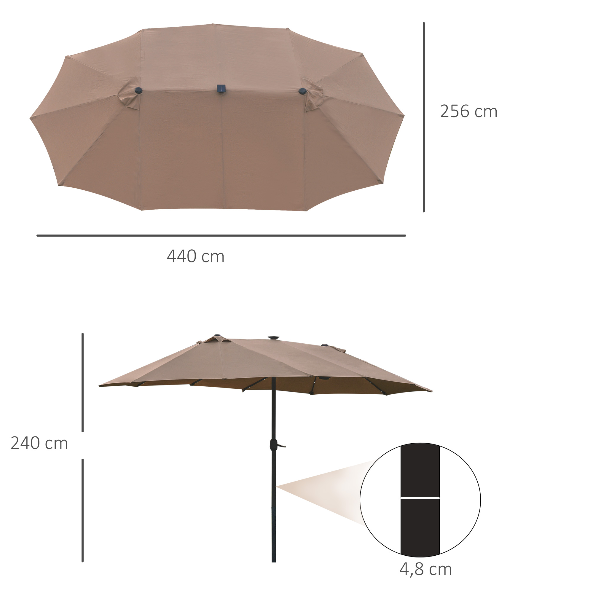 Outsunny parasol met LED dubbele parasol 440 x 260 cm tuinparasol marktparasol grote terrasparasol met handslinger ovaal metaal kaki