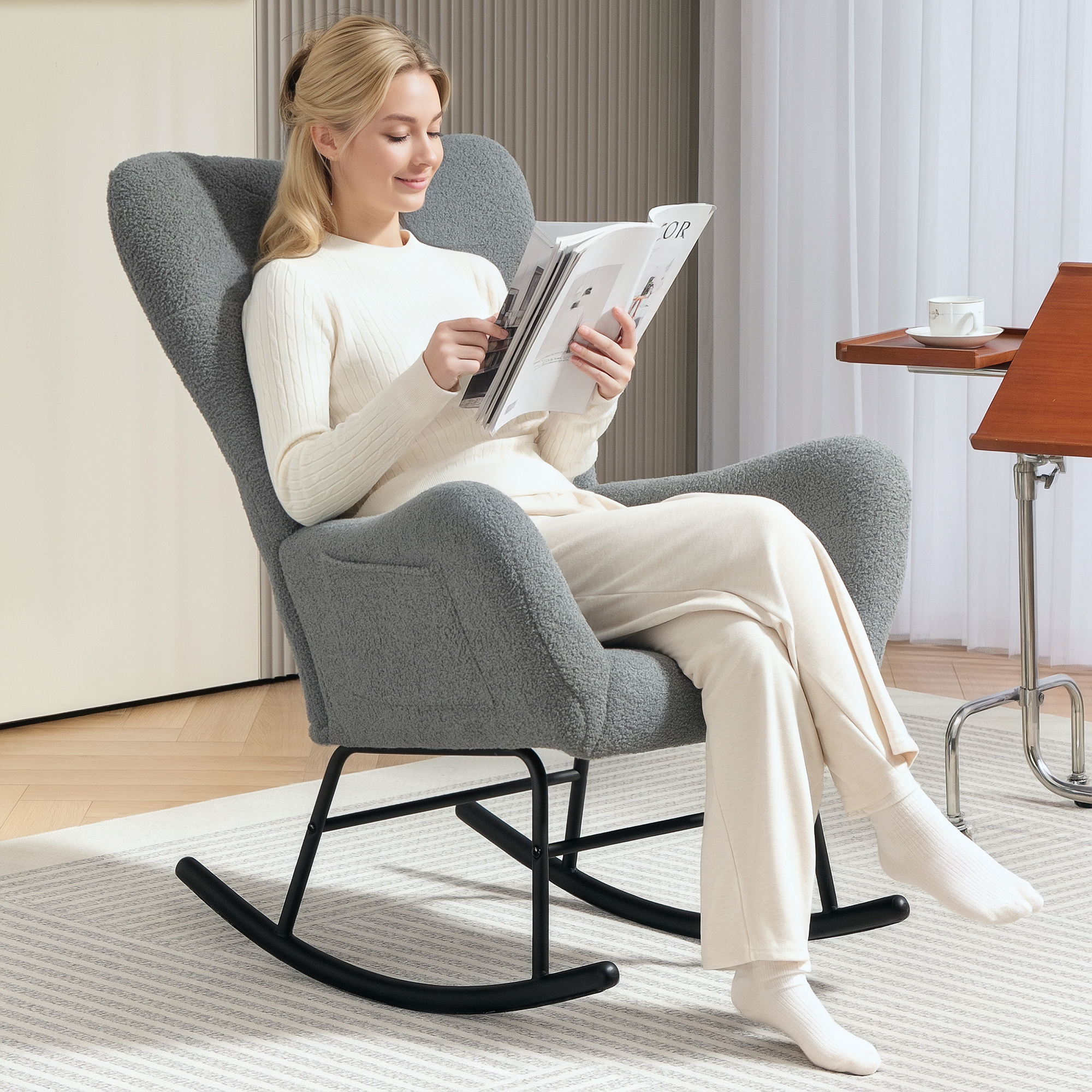 HOMCOM Schommelstoel, Pluizige Bekleding, Lendekussen, Antislip, Tot 120 kg, Grijs