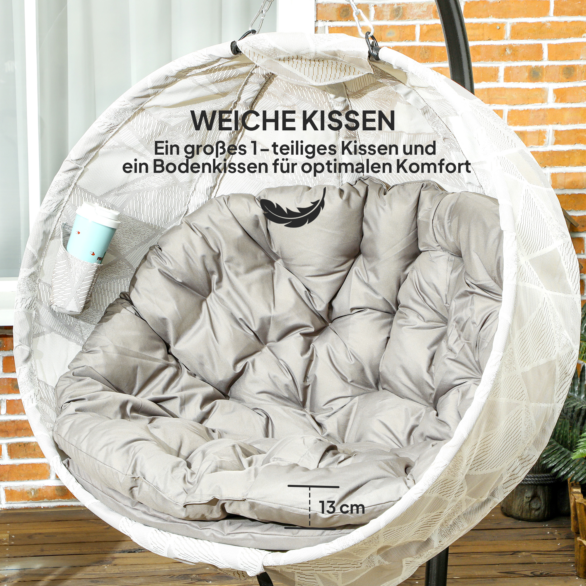 Outsunny Eivormige hangmand, hangstoel met schommelfunctie en opvouwbare mand, tuinstoel, bekerhouder, Zandbruin