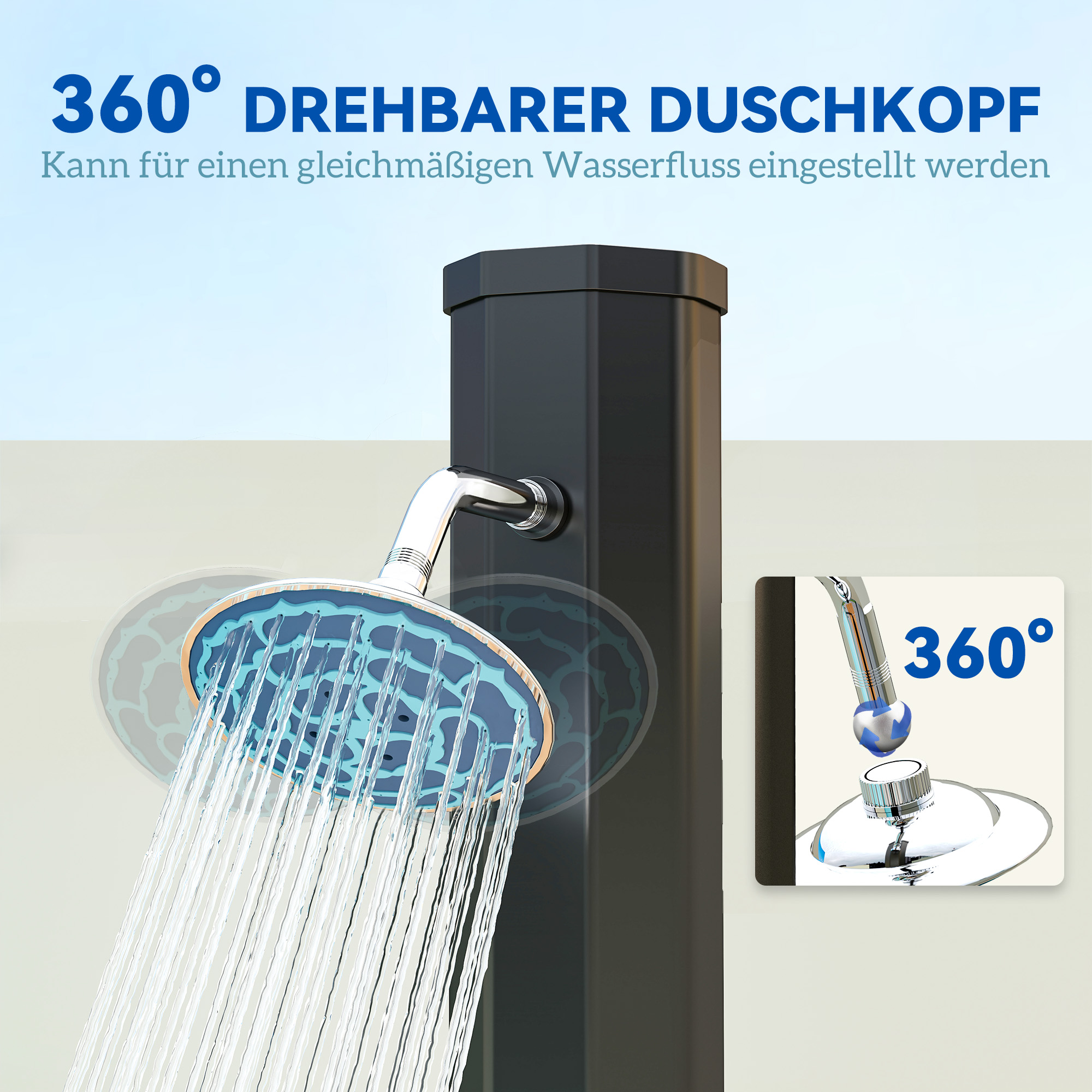 Outsunny Zonnedouche 35 Liter Met Waterkraan, Douchekop, Handdouche en Zijtafeltje, tot 55 °C, Zwart