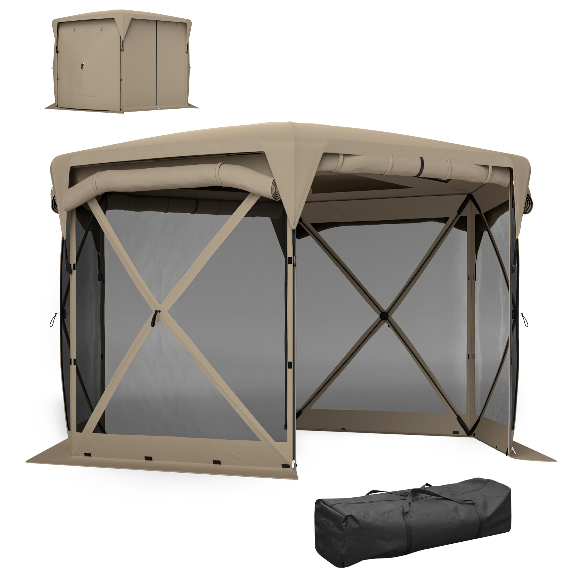 Outsunny 3 x 3,5 Pop-up Tuinpaviljoen met UPF30+ Bescherming, Netwanden, Draagtas, voor Tuinfeesten, Camping, Khaki