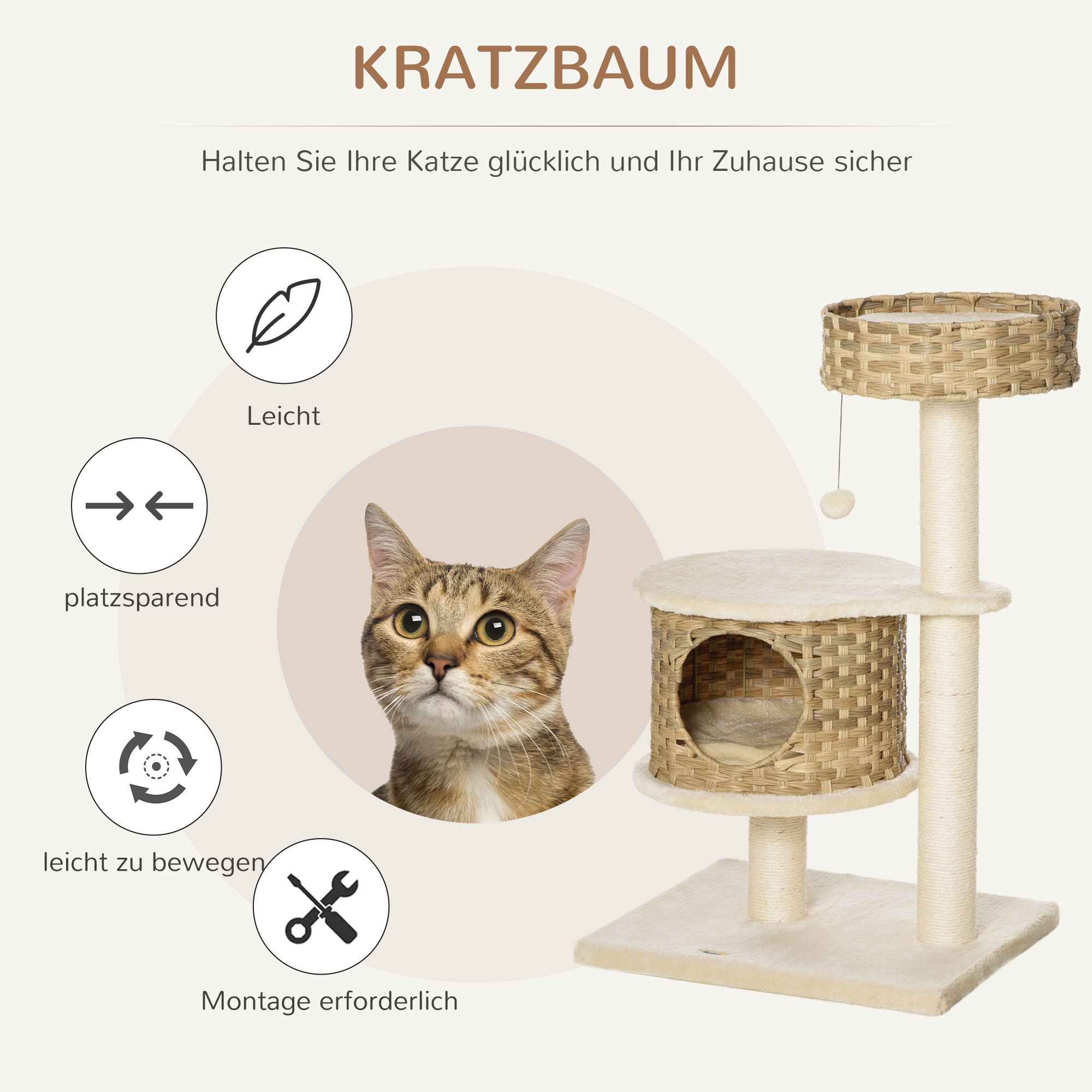 PawHut krabpaal kattenboom klimboom met sisalpalen stabiel met grotten speelballen speelsisal hoogte 95 cm spaanplaat sisal fluweelzacht polyester PE naturel + beige 55 x 47 x 95 cm