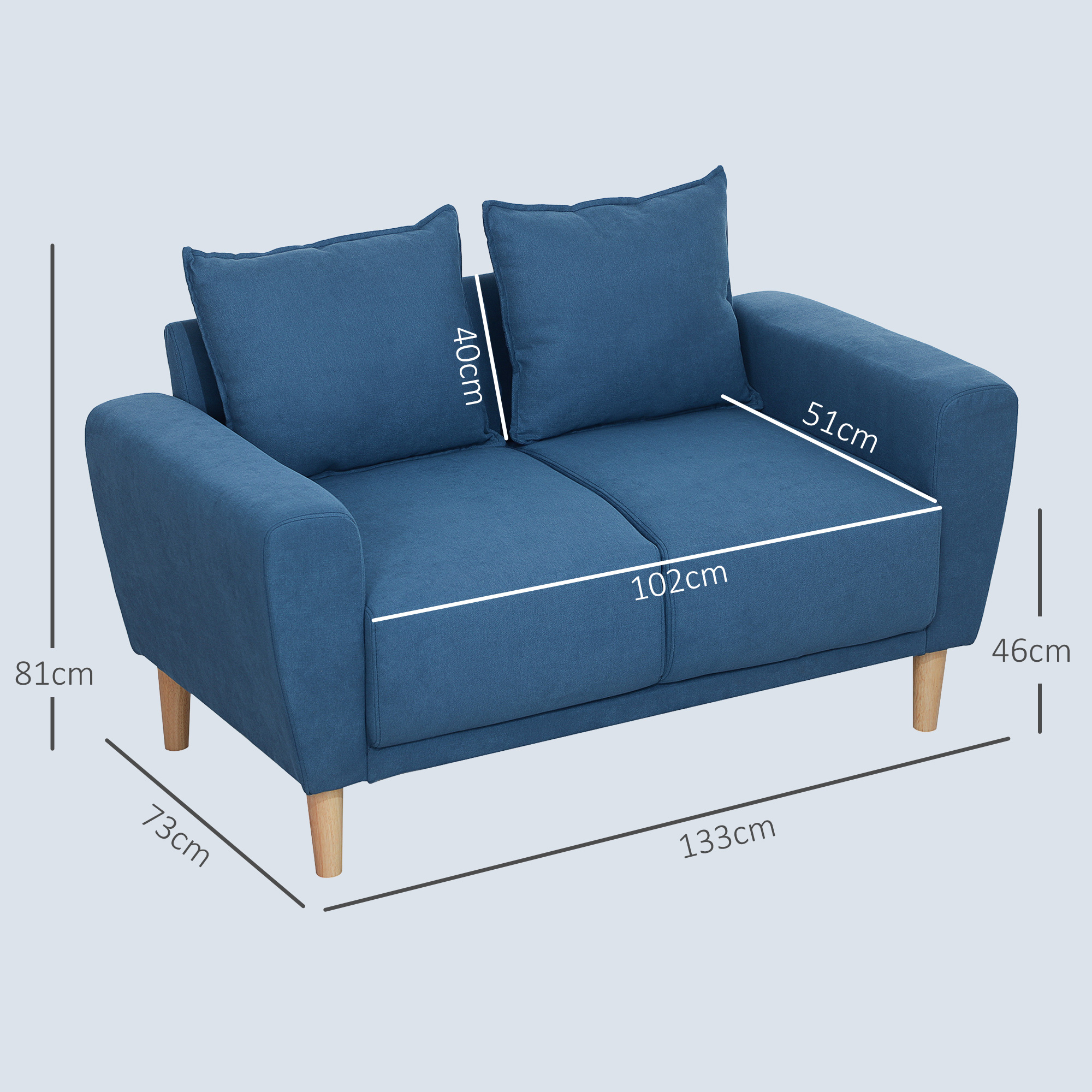 HOMCOM Tweezitsbank, Moderne Stoffen Bank, 2 Rugkussens, Eucalyptus-Houten Frame, 133 x 73 x 81 cm, Blauw