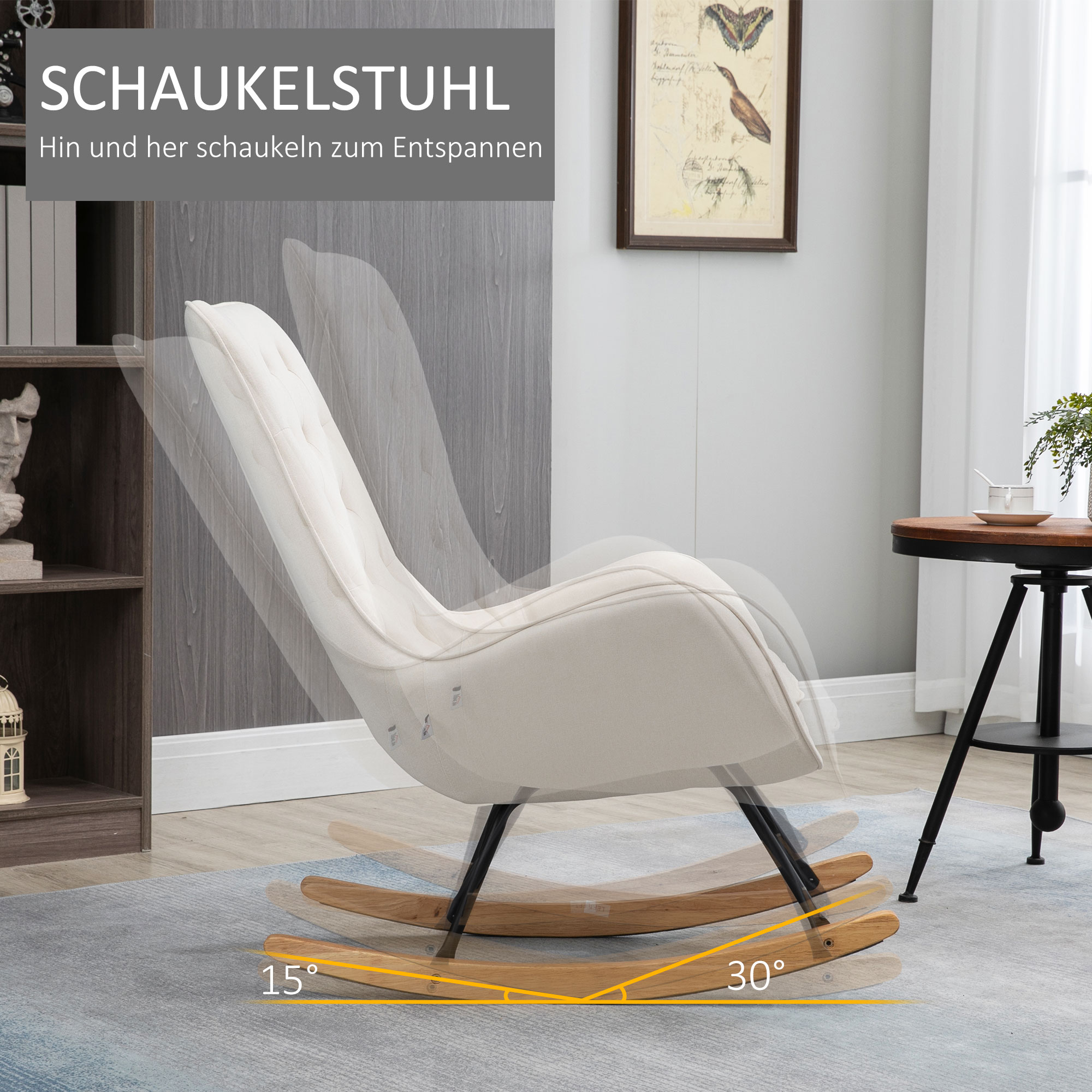 HOMCOM Schommelstoel in Scandinavisch design - Relaxfauteuil met knopsteekdetailing, 69 cm x 90 cm x 100 cm, Crème + Natuur + Zwart