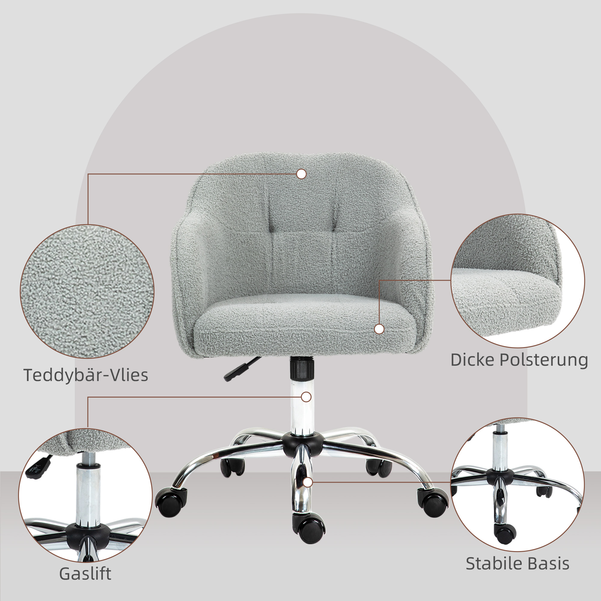 HOMCOM Thuiswerkstoel, Ergonomische Bureaustoel met Wippfunctie, Teddysamtoptiek 56 x 61 x 86 cm Grijs
