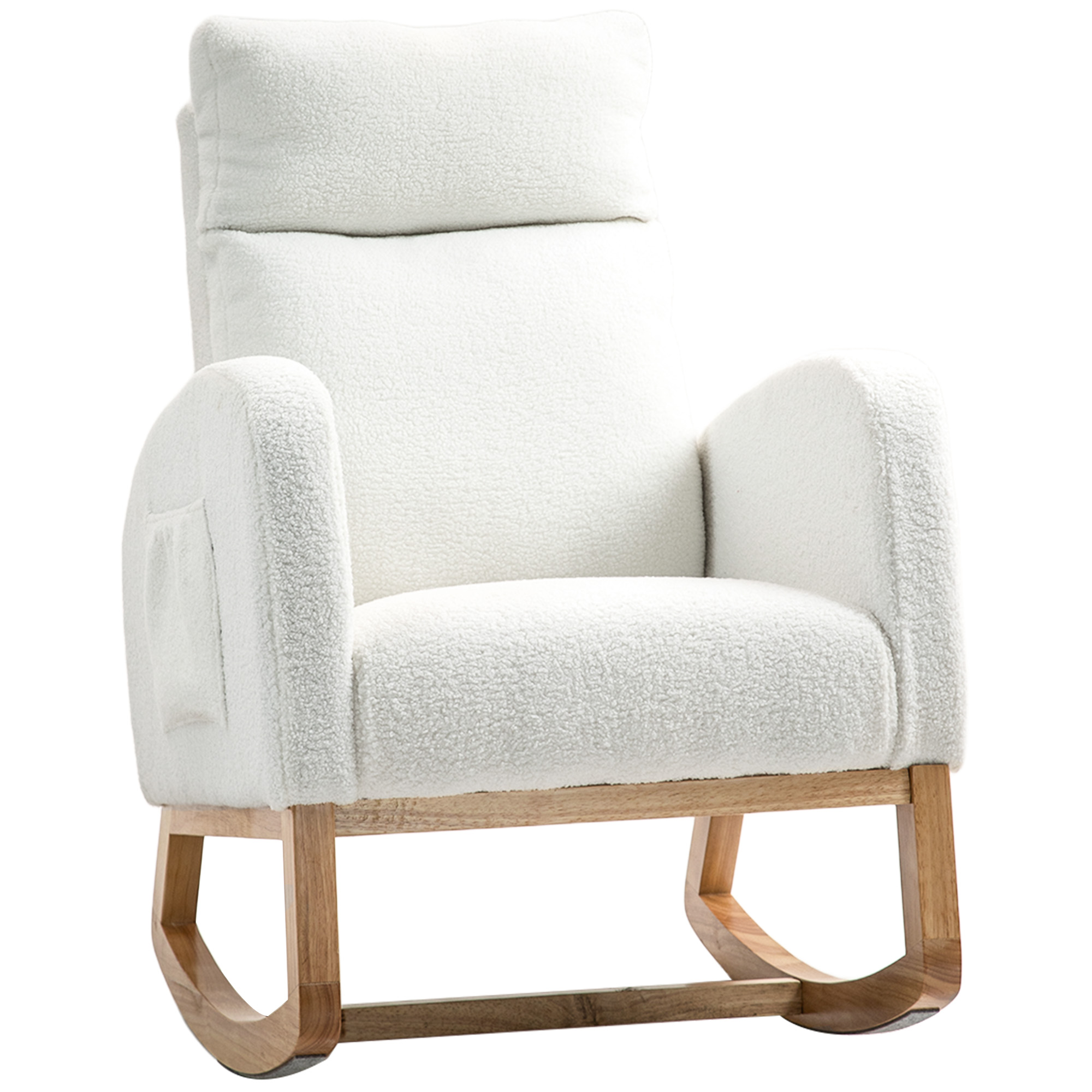 HOMCOM Schommelstoel, Relaxstoel, Dikke Vulling, Knusse Bekleding, Houten Frame, tot 120 kg Draagvermogen, Crèmewit