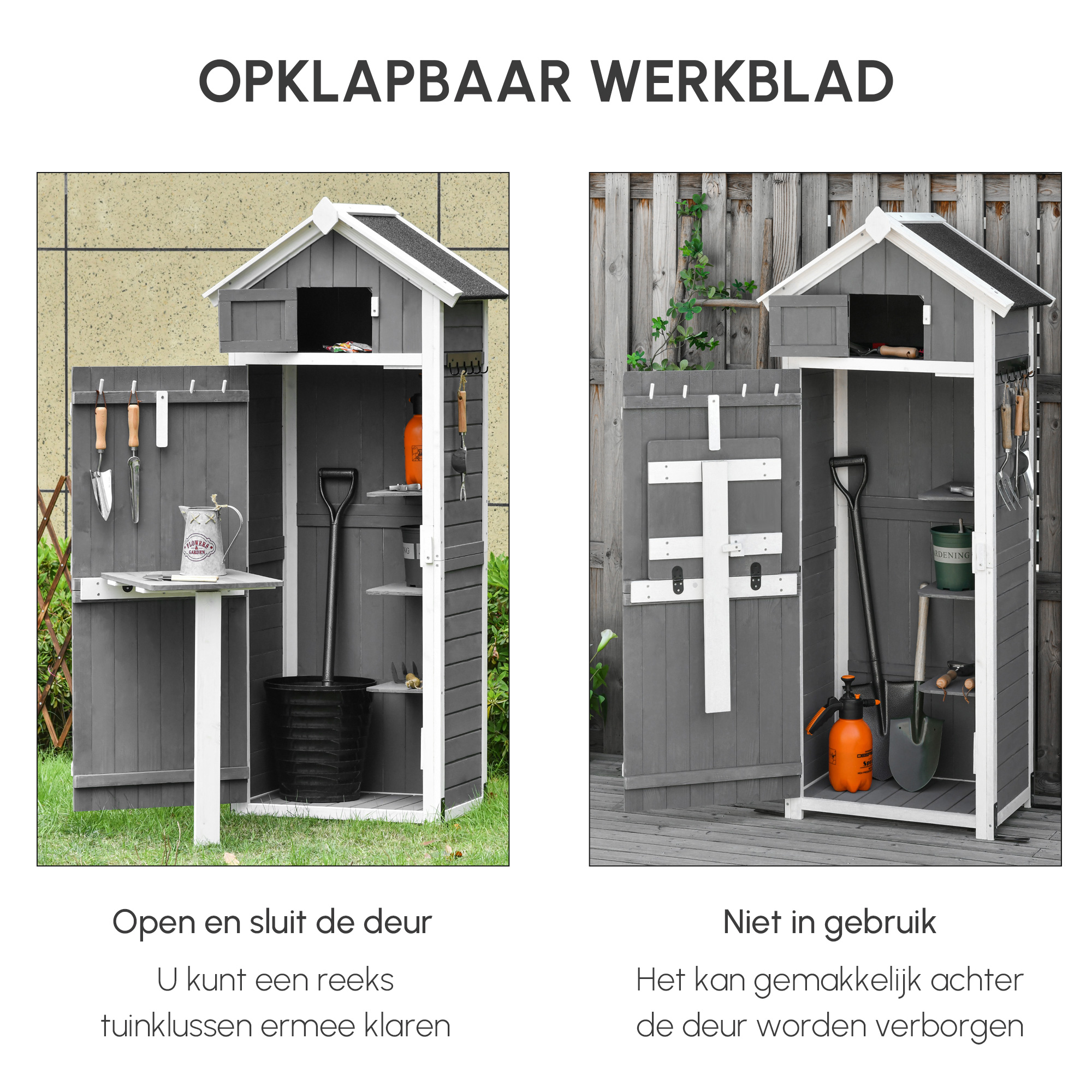 Outsunny gereedschapsschuur met deur dak gereedschapsschuur met haken tuinopbergkast klaptafel outdoor grijs vurenhout 78 x 52,5 x 182 cm