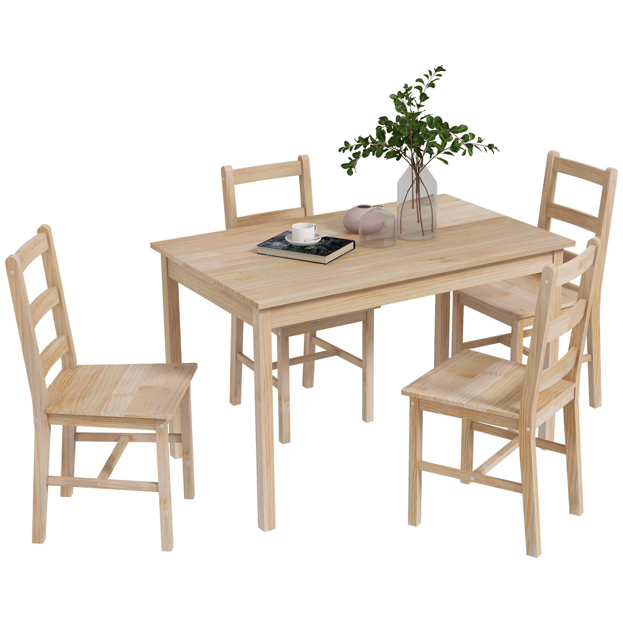 HOMCOM 5-delige Eetgroep Eettafel met Stoelen Zitgroep, Massief Hout, 118 cm x 73 cm x 75 cm, Natuur