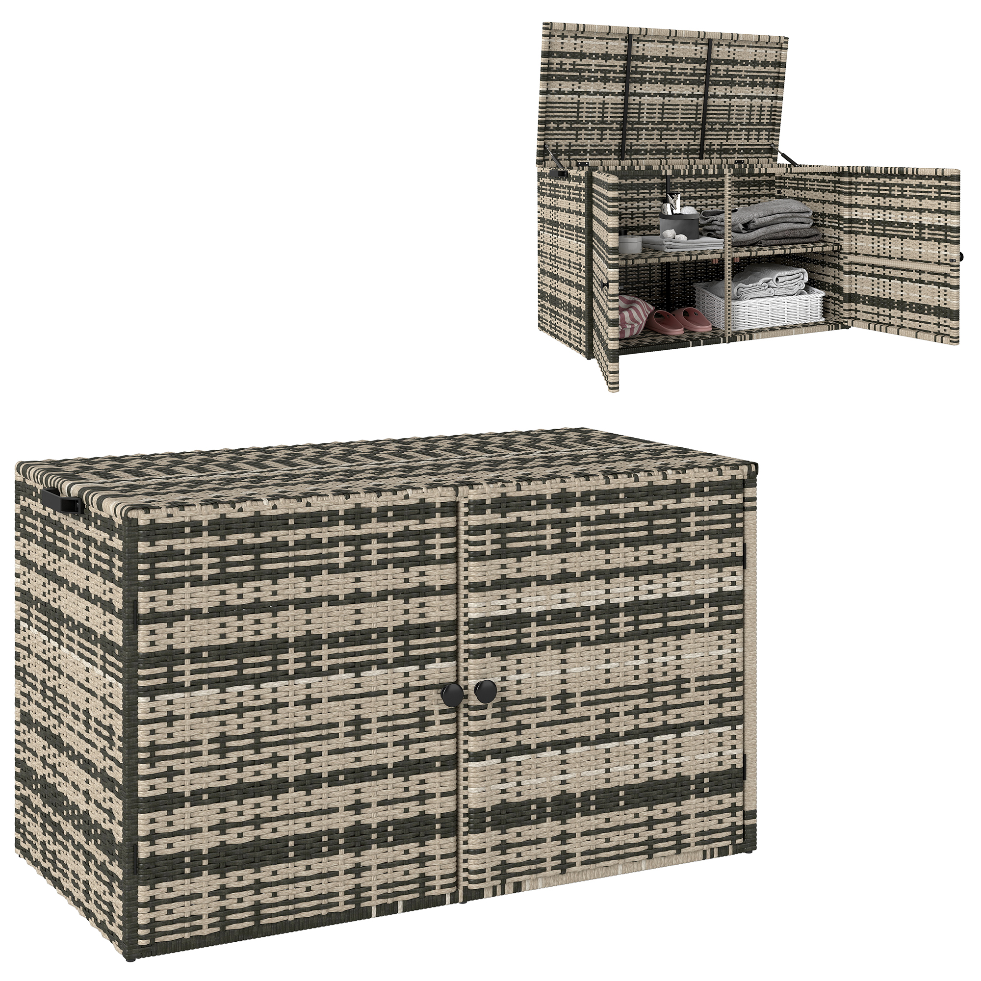Outsunny Rattan Opbergbox 350L Tweelaags Kussenbox met Deksel Hefstangen Handgrepen 118 x 57 x 69 cm Gemengd Grijs