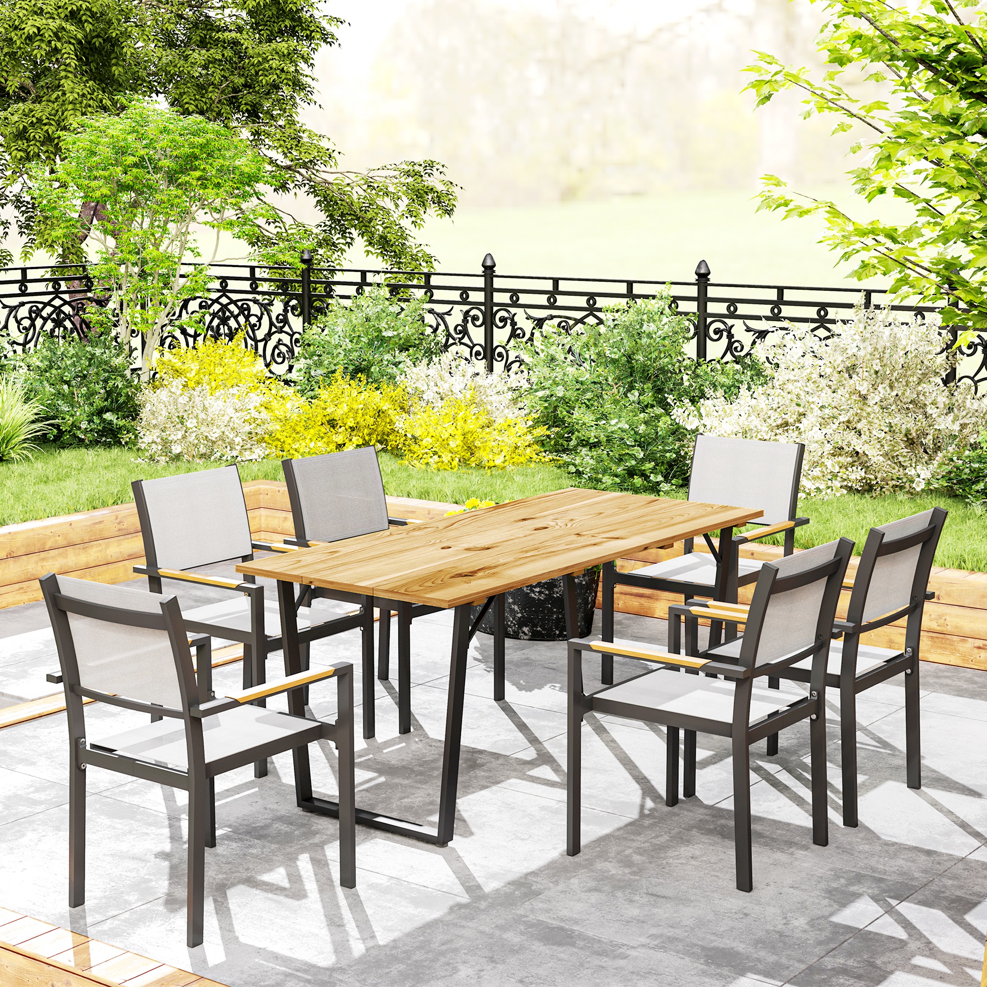 Outsunny Weerbestendige Houten Tuintafel 175x80 cm met Parasolgat voor 6 Personen - Bruin