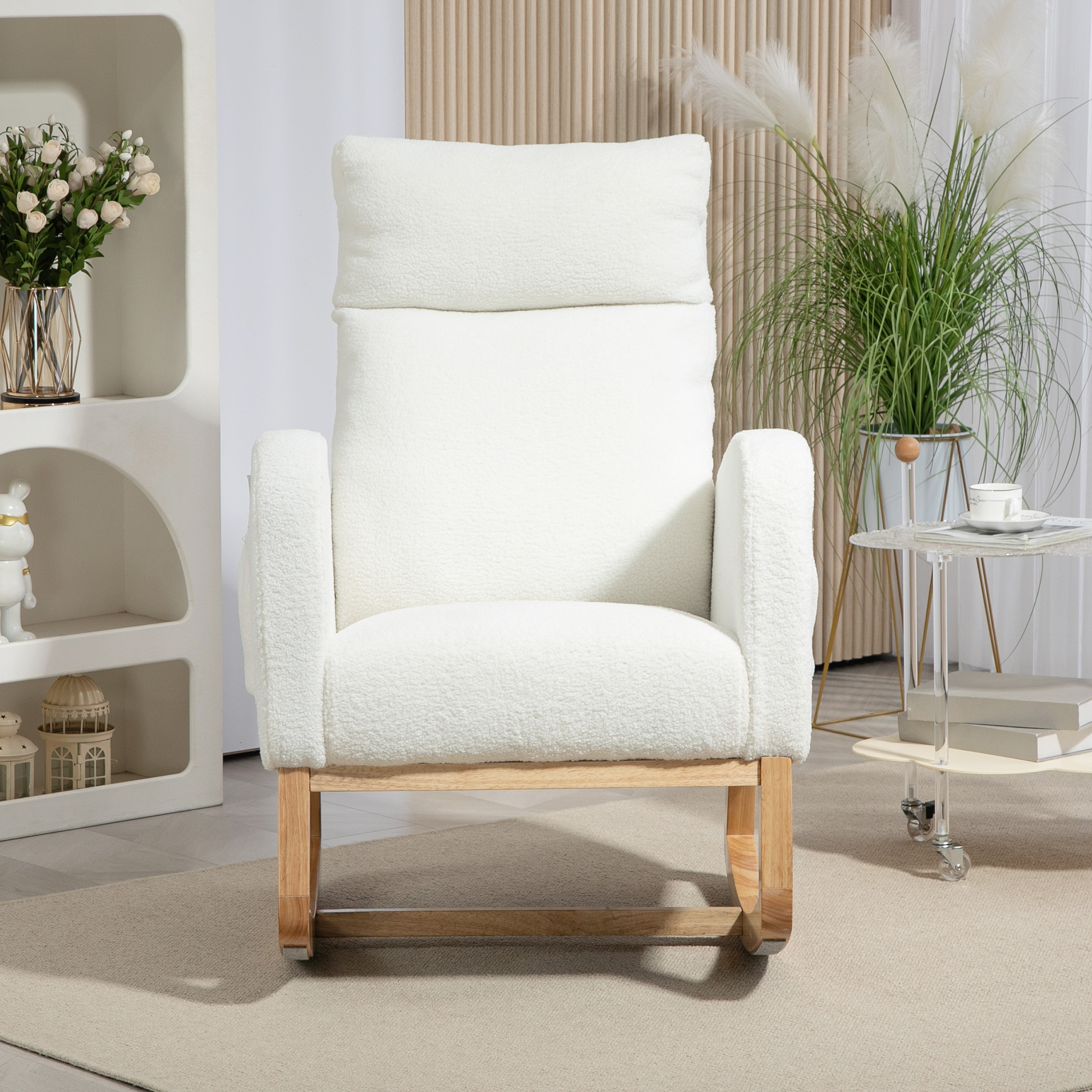 HOMCOM Schommelstoel, Relaxstoel, Dikke Vulling, Knusse Bekleding, Houten Frame, tot 120 kg Draagvermogen, Crèmewit