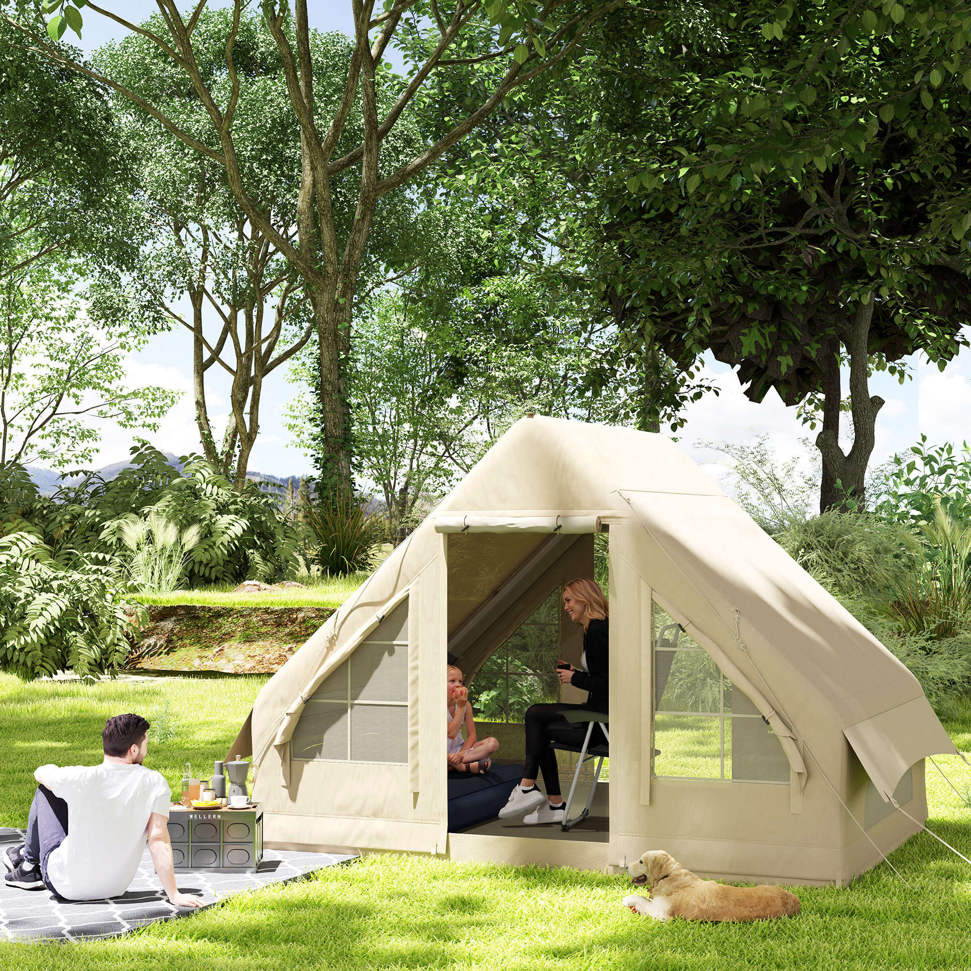 Outsunny Opblaasbare Campingtent, Slaaptent, Oxford-Stof, Netramen, Waterdicht