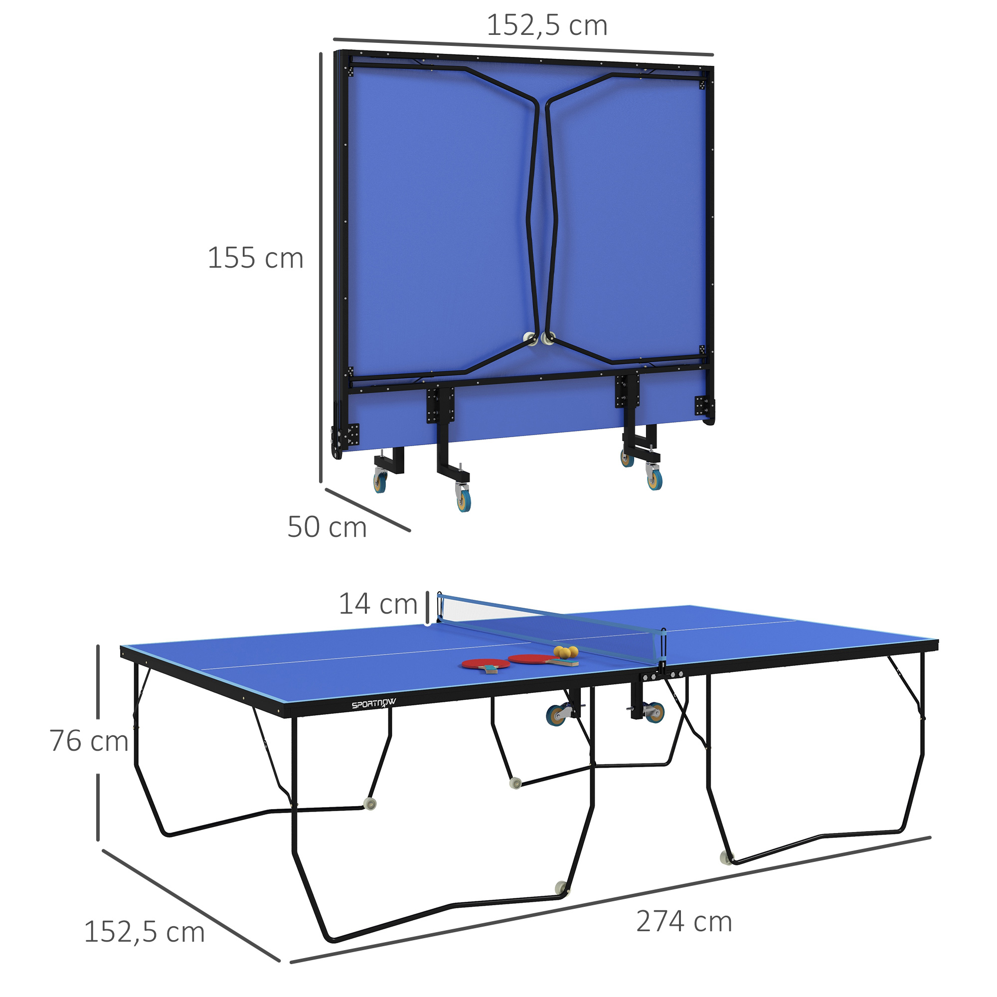 SPORTNOW Opvouwbare Tafeltennistafel, 8 Wielen, Poedergecoat Staalframe, MDF, 274 x 152,5 x 76 cm, Blauw