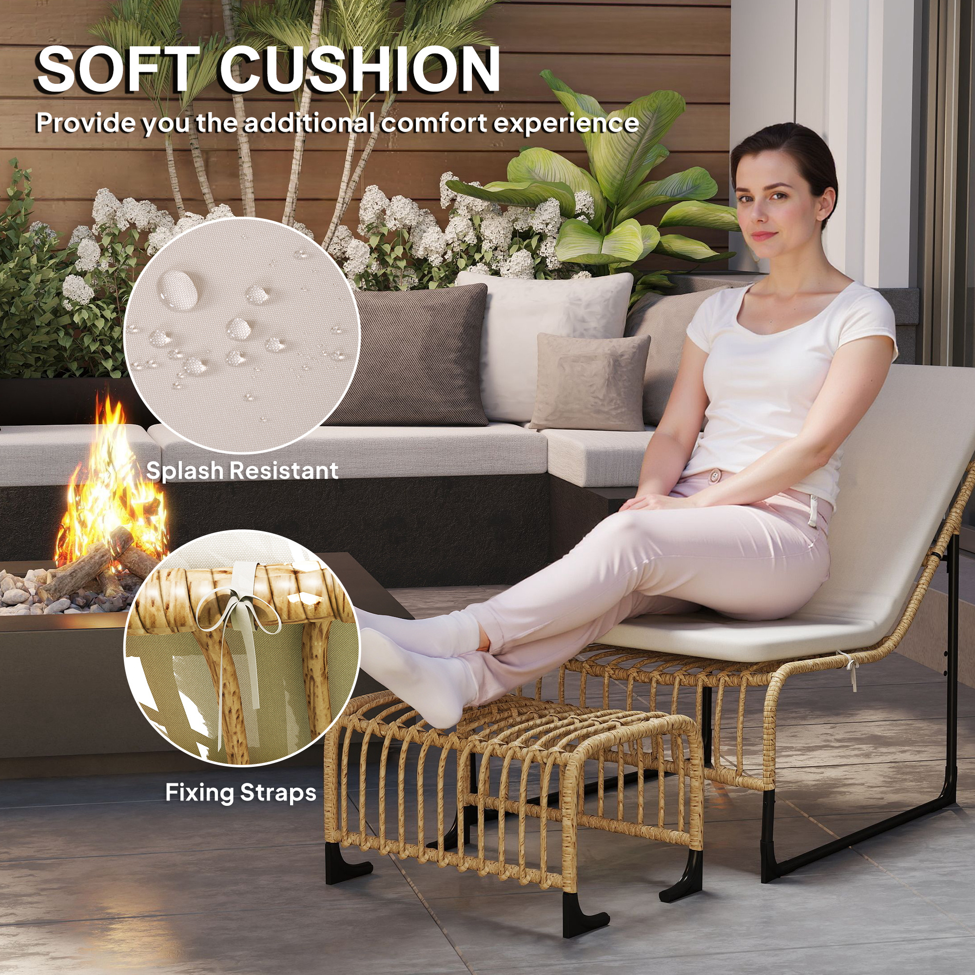 Outsunny Rattan Relaxfauteuil met Voetenbank UV-bestendig Tuinfauteuil met Kussen en Banden 65 x 93 x 80 cm Natuurhout