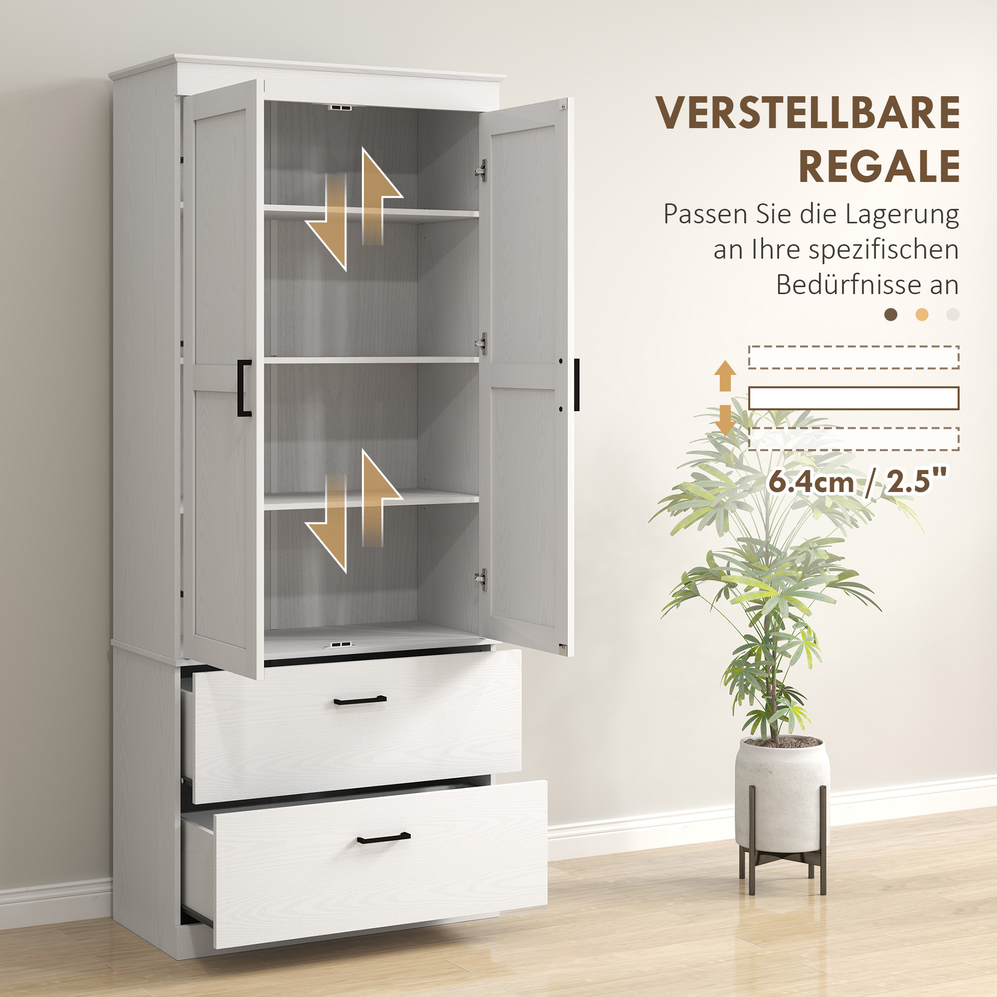 HOMCOM Vrijstaande Keukenkast met Verstelbare Schappen en Twee Brede Laden voor Woonkamer, Keuken, Wit