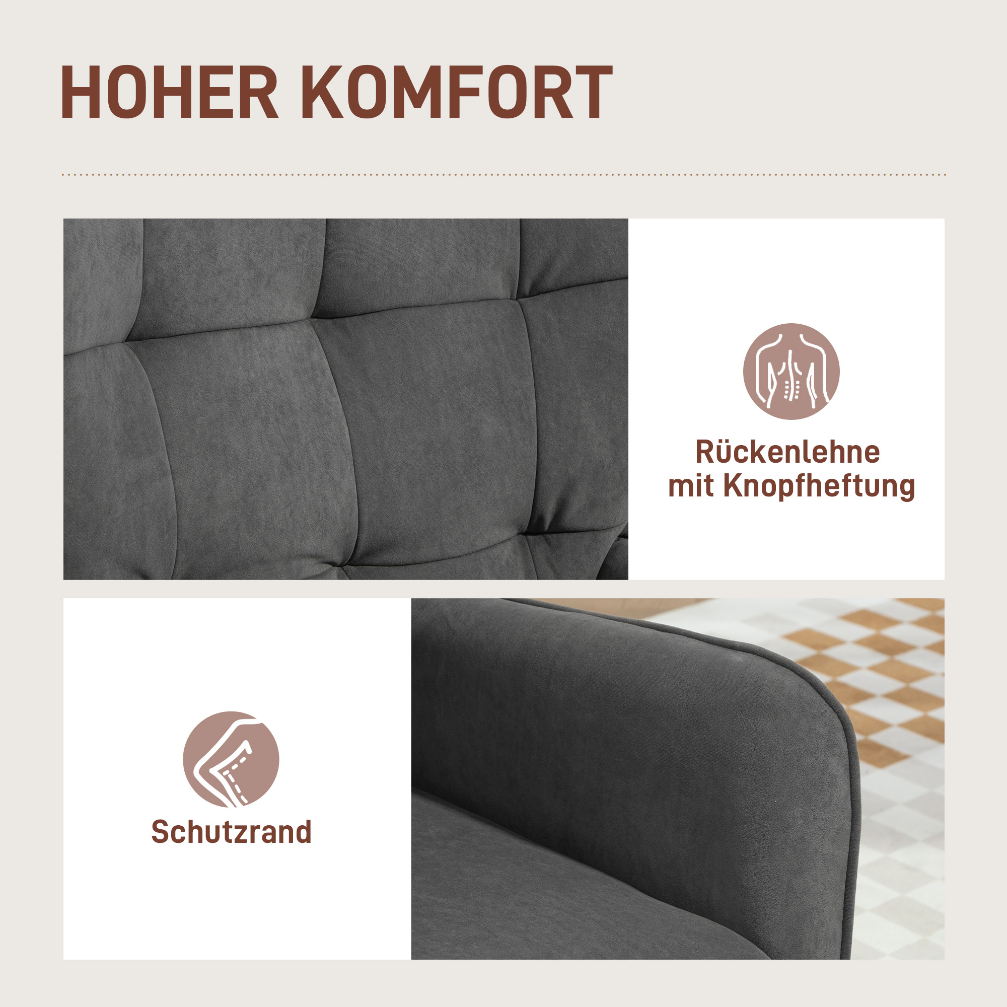 HOMCOM Polstoel, Woonkamerstoel met Stiksel, Zachte Bekleding in Fluweeloptiek, tot 120 kg, Grijs