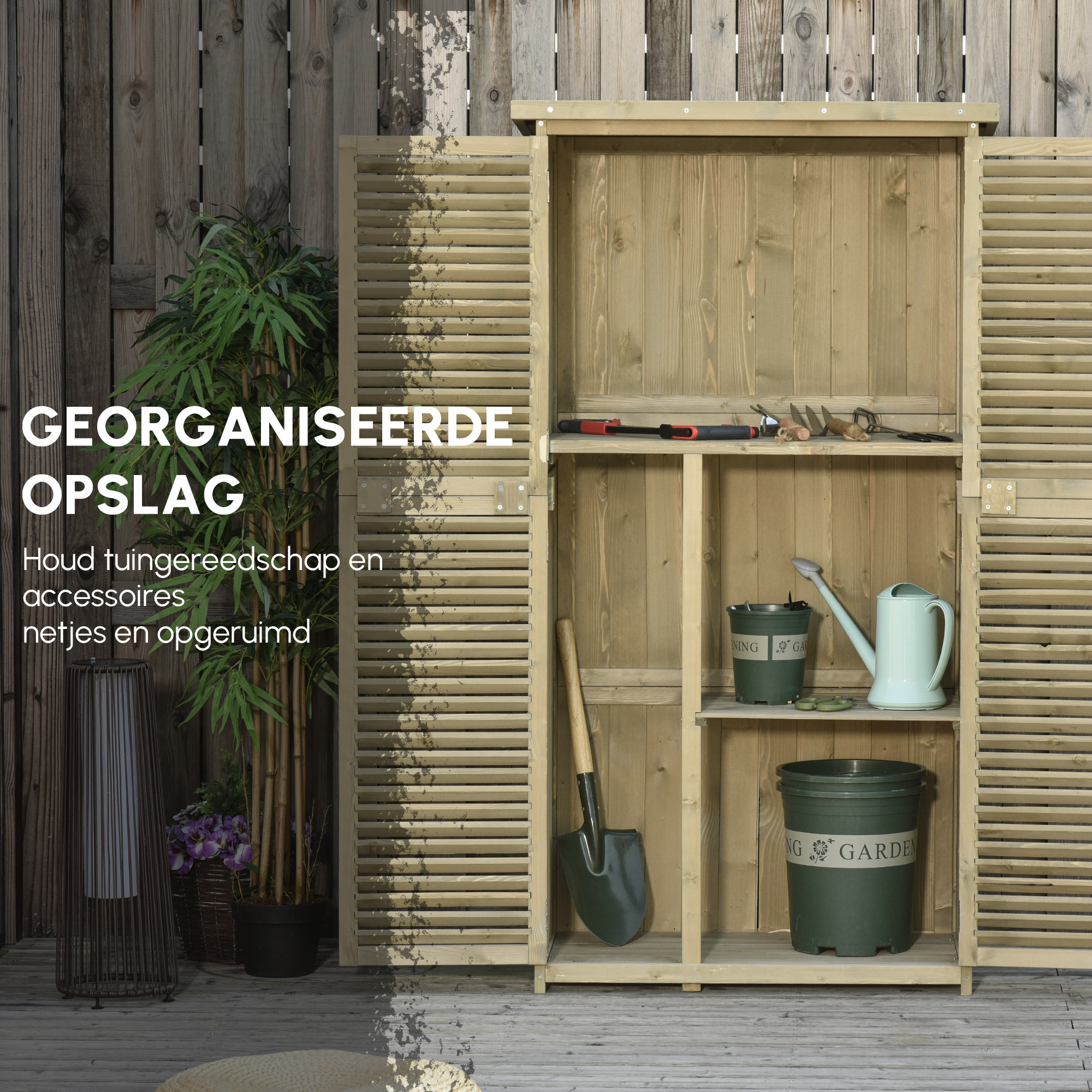 Outsunny Gereedschapsschuur 4 vakken Gereedschapsschuur Gereedschapskast schuur naturel / grijs