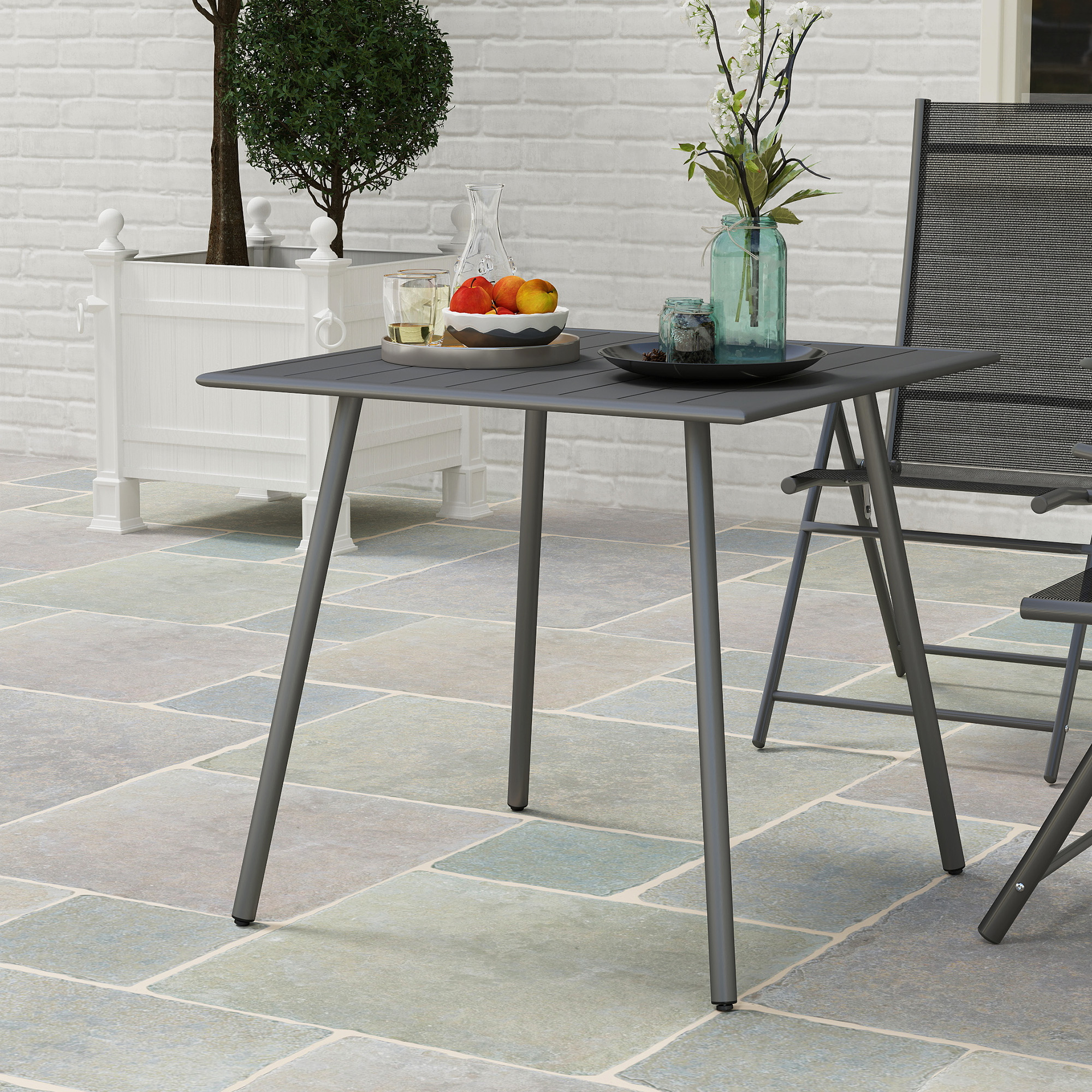 Outsunny Tuintafel, Buiteneettafel voor 4 Personen, Stalen Frame, Makkelijk te Reinigen, Roestbestendig, 80 x 80 x 74 cm, Grijs