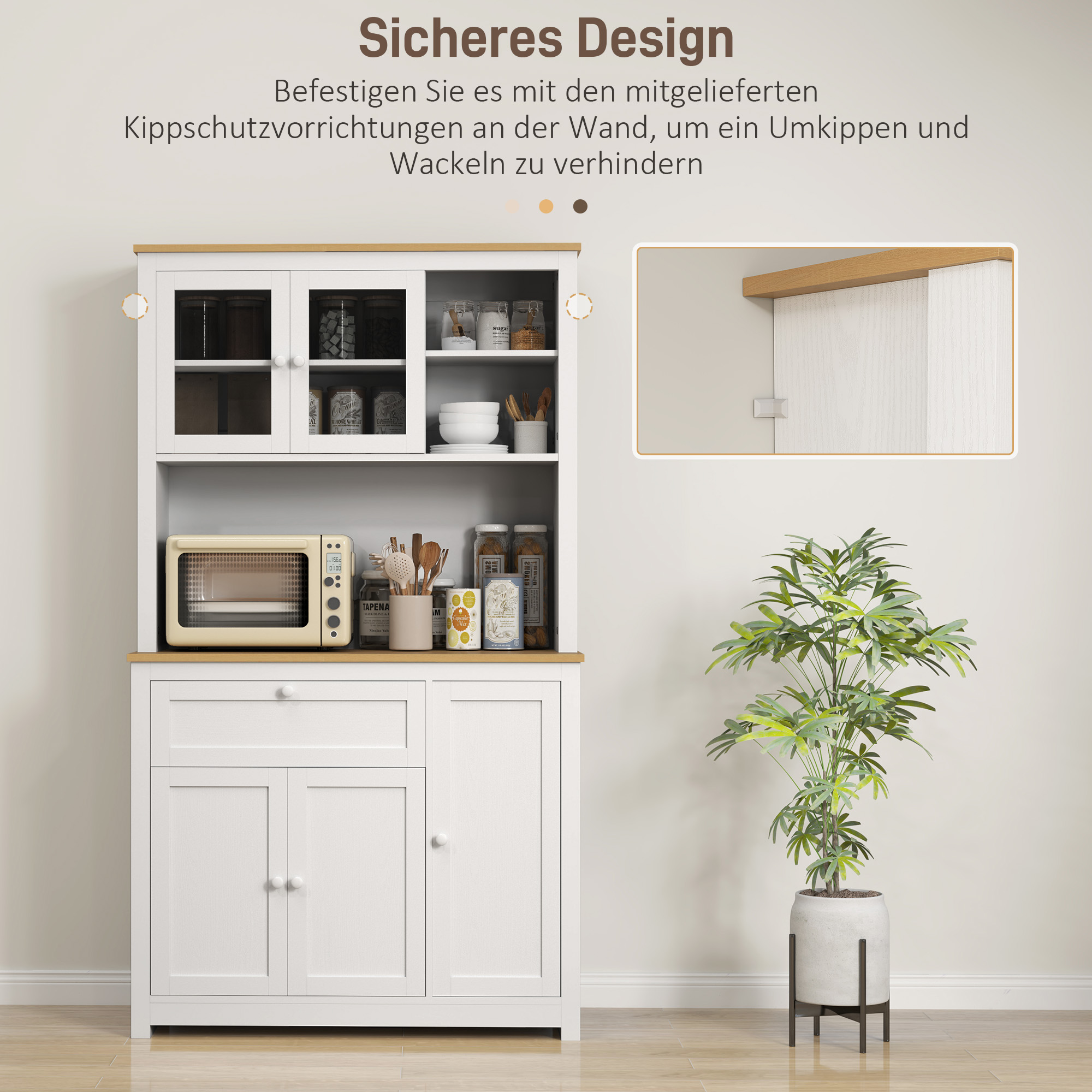 HOMCOM Landhuisstijl Keukenkast, 1 Vitrine, 1 Open Schap, 1 Lade, 2 Kasten, Natuur + Wit