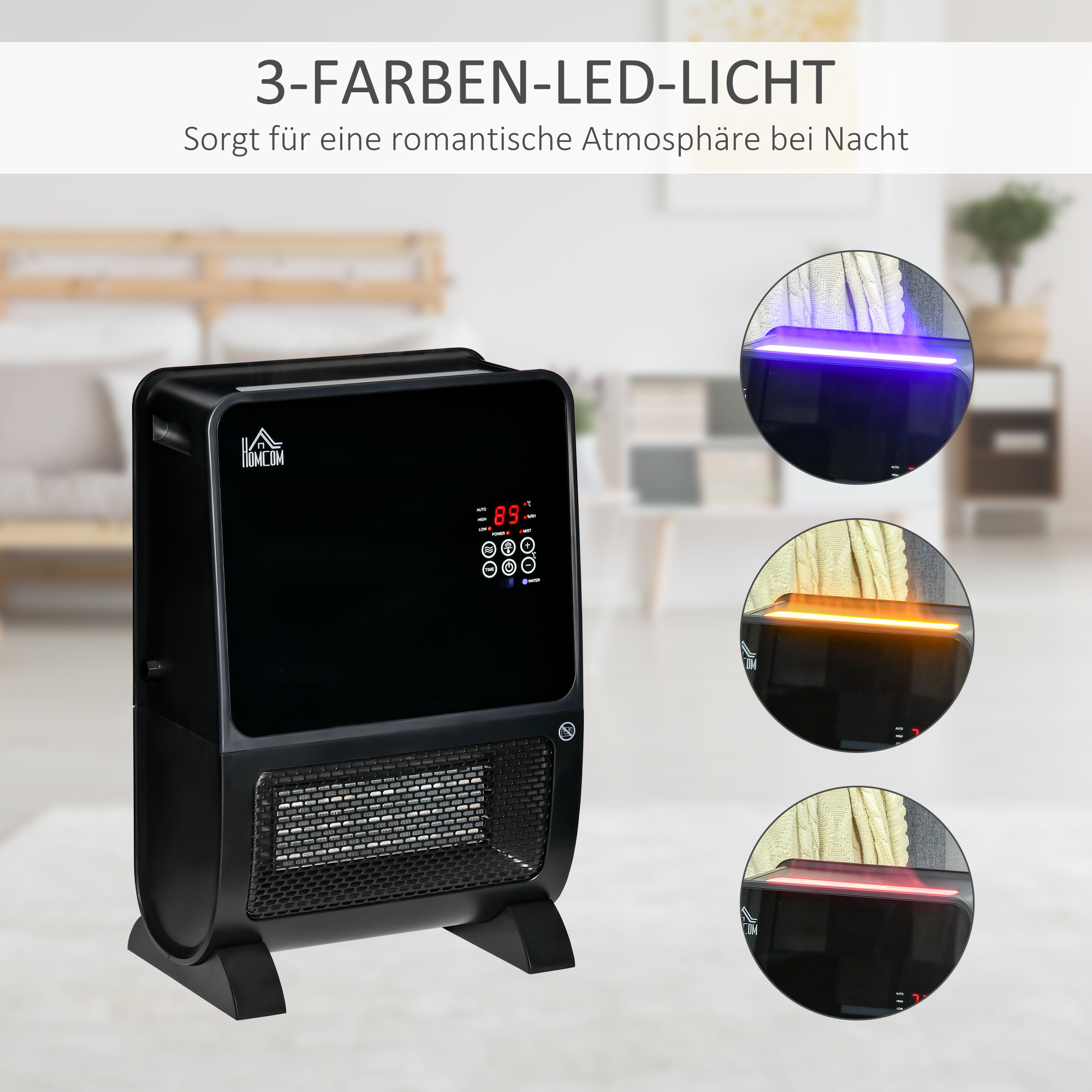 HOMCOM 2 in 1 luchtverhitter met afstandsbediening luchtbevochtiger keramisch LED licht bevochtigingsfunctie 8-uurs timer kachel verwarming 2000W ABS zwart 33 x 21 x 49.5 cm