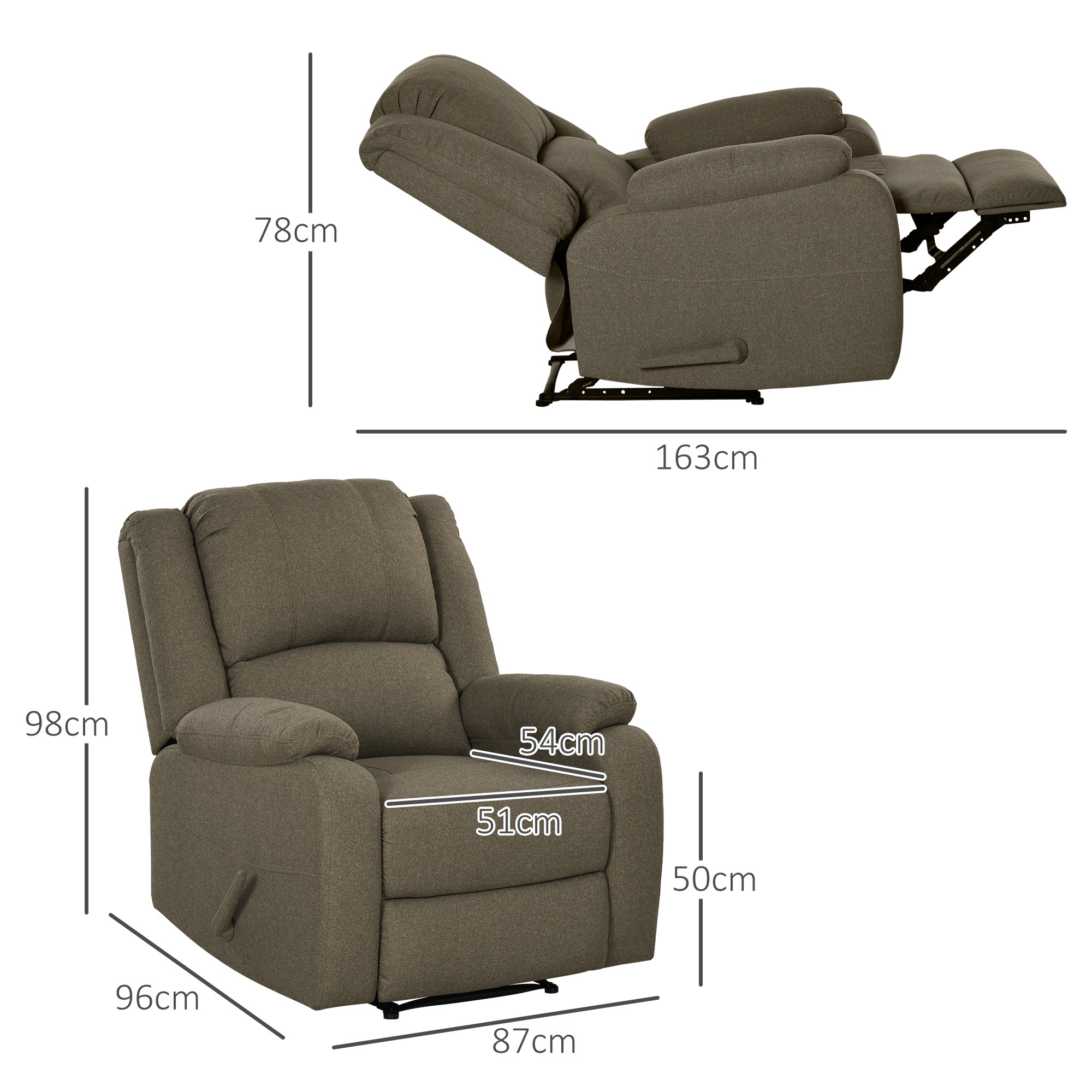 HOMCOM Relaxfauteuil met Ligfunctie en Voetsteun, Verstelbaar, Tot 150 kg, Stalen Frame, 90 x 96 x 98 cm, Bruin