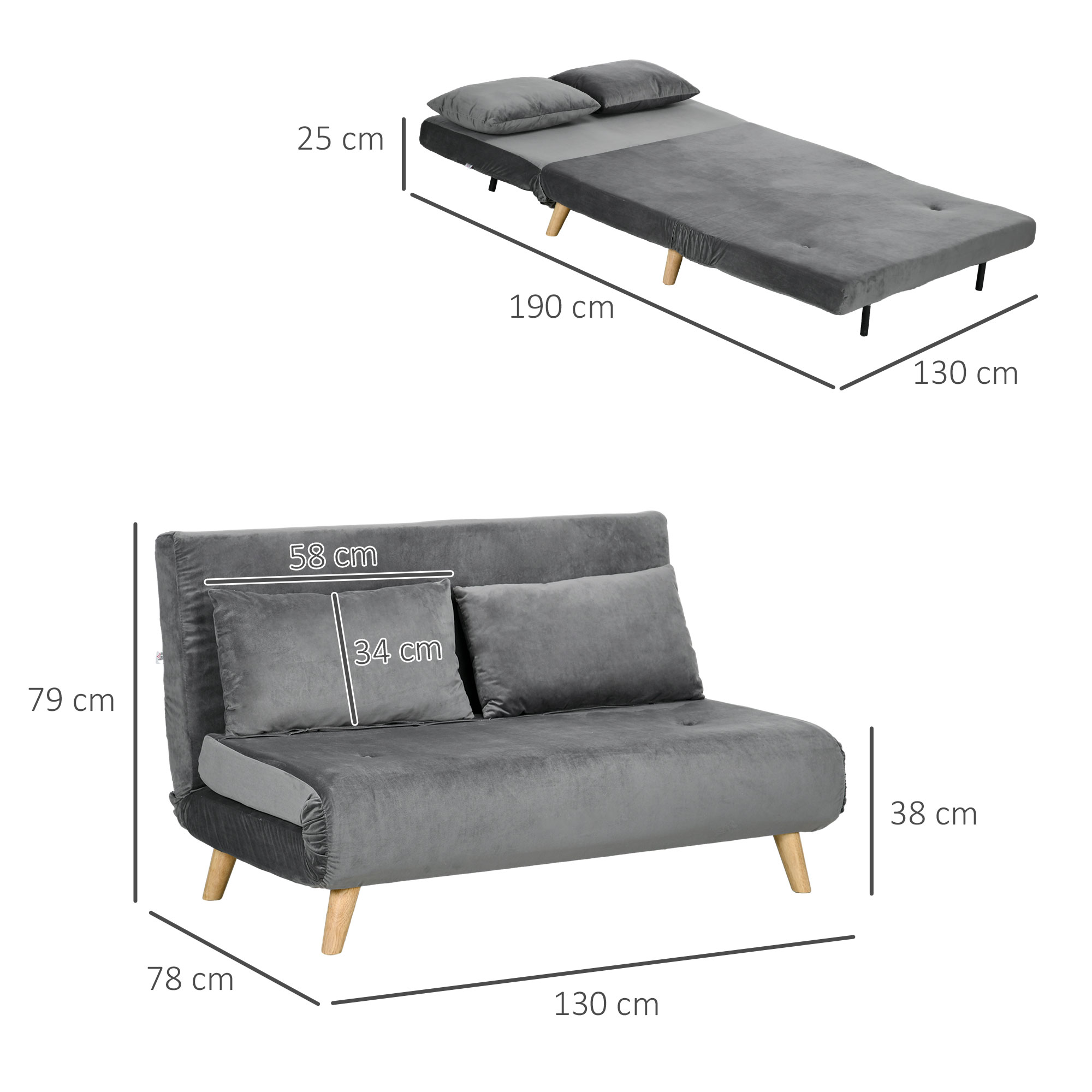HOMCOM Schlafbank Relaxbank Bankstel, inclusief 2 kussens, fluweelachtige uitstraling, 130 x 78 x 79 cm, Grijs