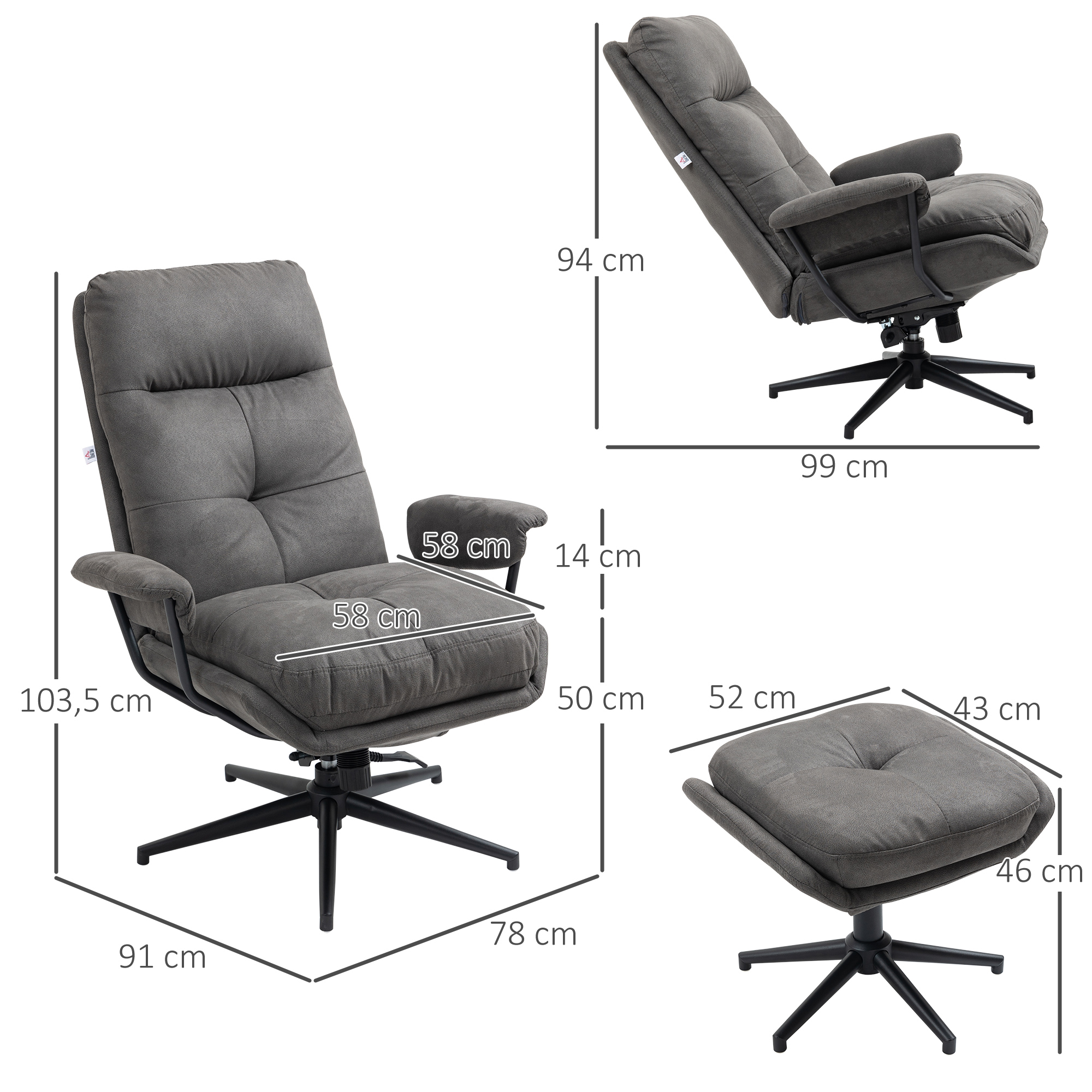HOMCOM relaxfauteuil met kruk, draaivoet, tv-fauteuil met ligfunctie