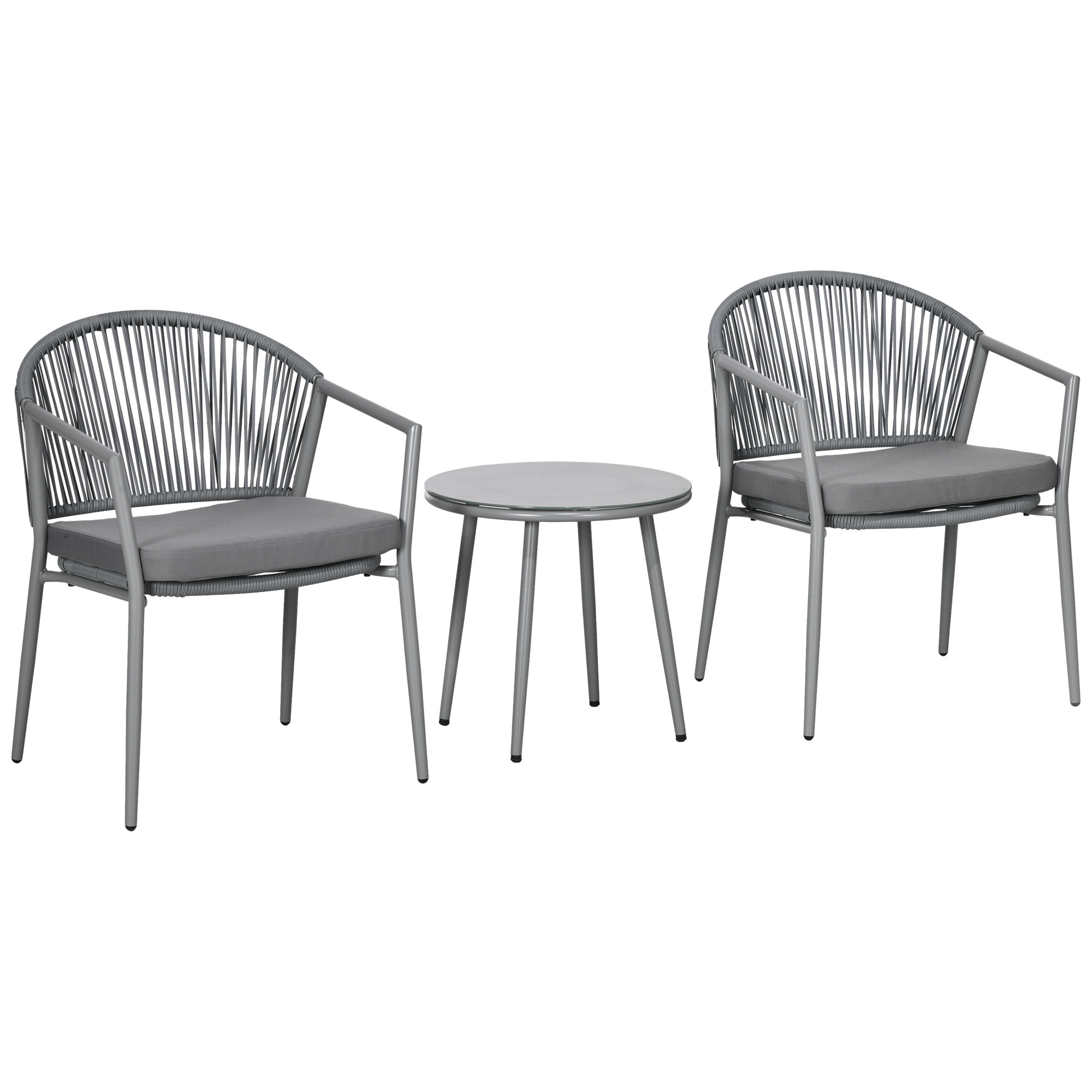 Outsunny Tuinset, 2 Stoelen & 1 Tafel met Glazen Blad, Rattan look, weerbestendig, Metalen frame, Grijs