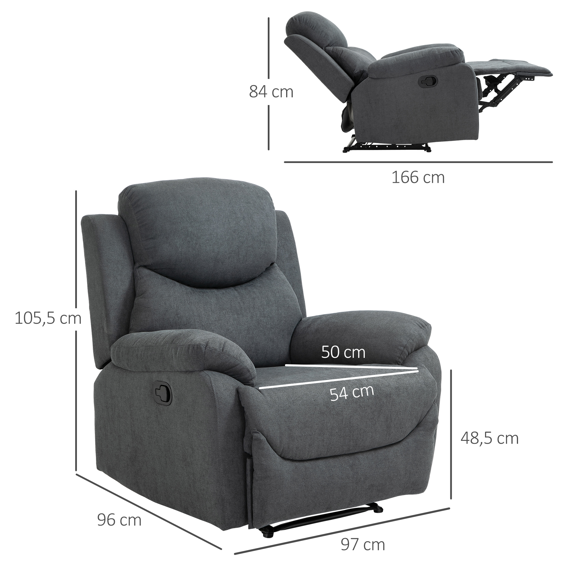 HOMCOM Relaxstoel, ligstoel, 150° kantelbaar, Donkergrijs