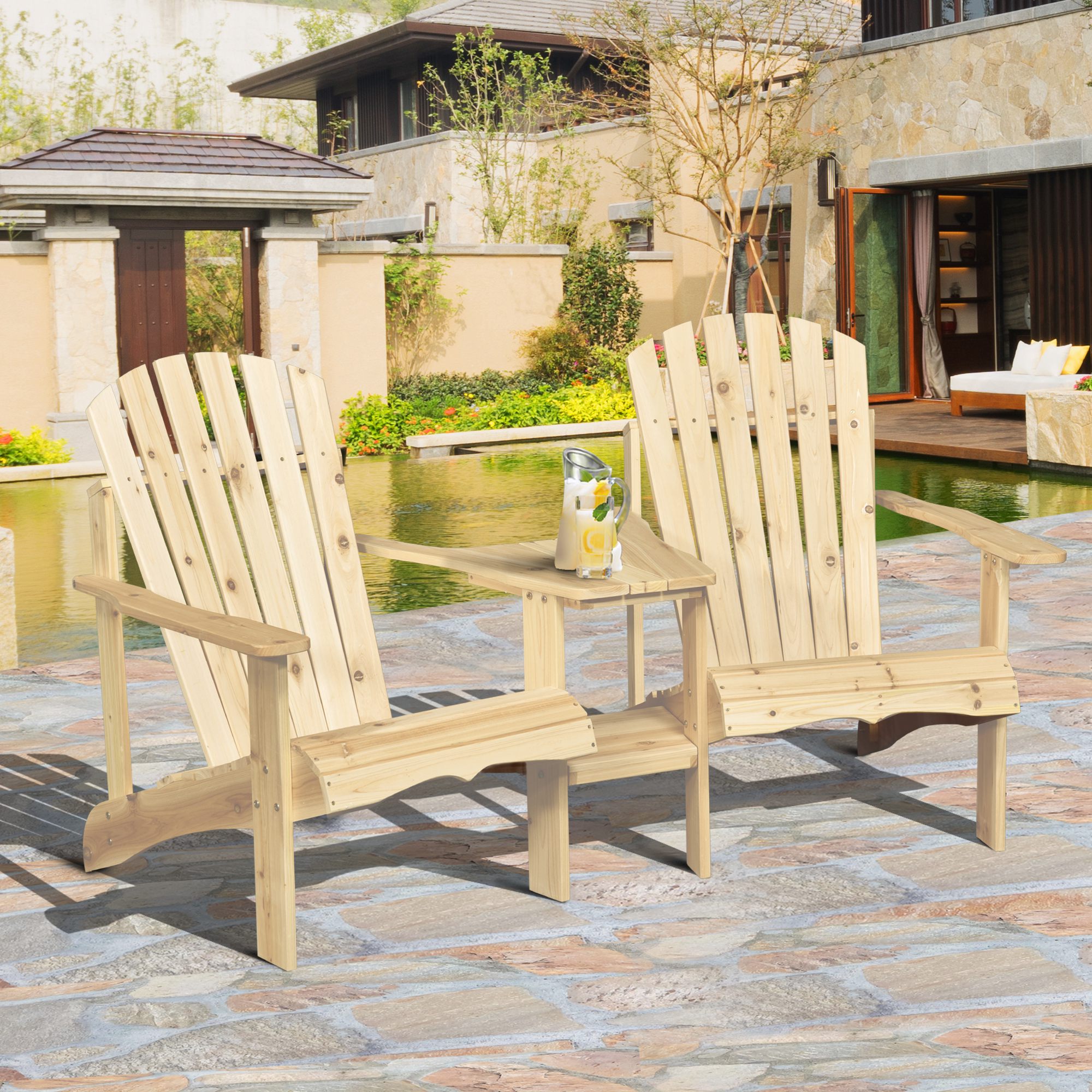 Outsunny 2 tuinstoelen met bijzettafel naturel dennenhout 178 x 87 x 92 cm