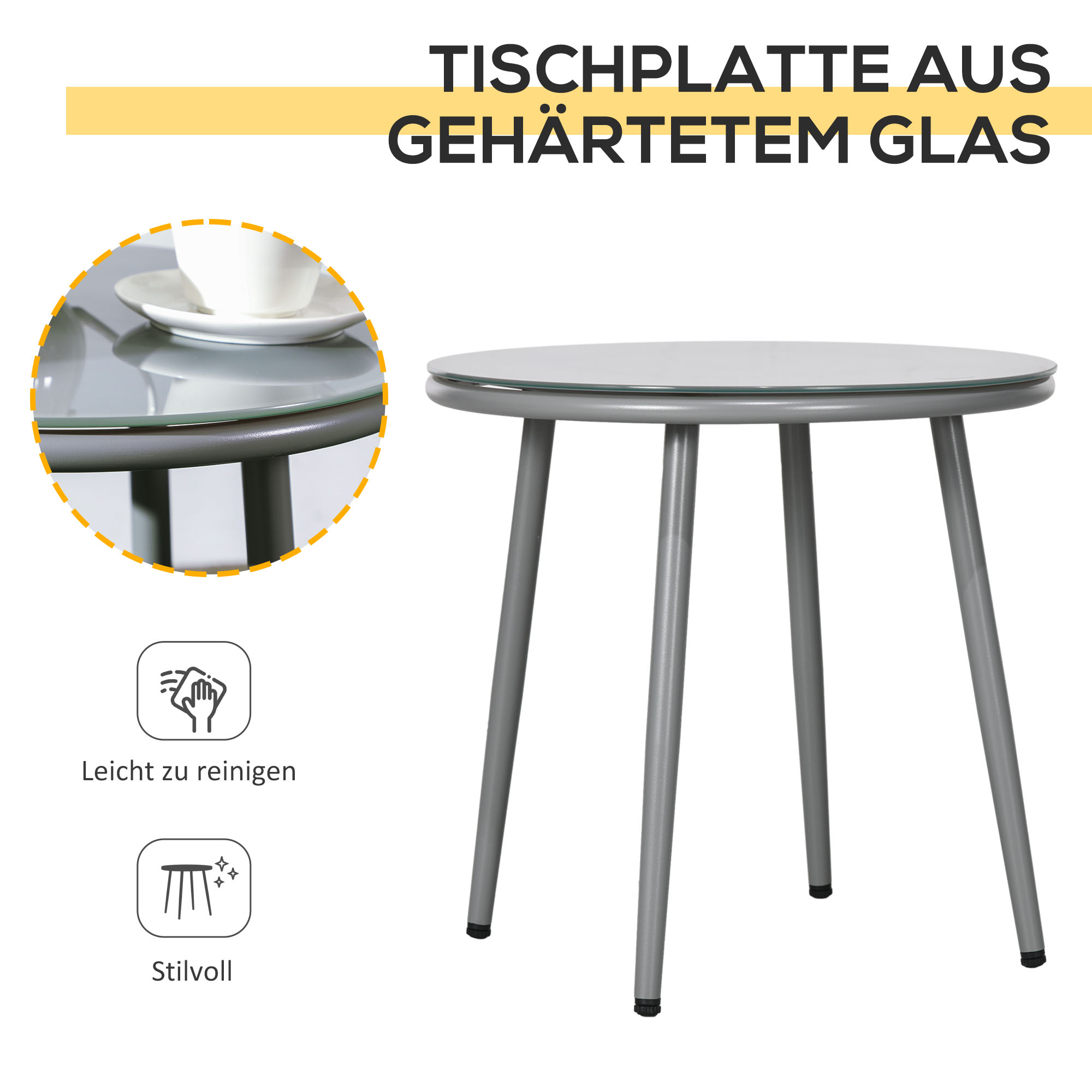Outsunny Tuinset, 2 Stoelen & 1 Tafel met Glazen Blad, Rattan look, weerbestendig, Metalen frame, Grijs