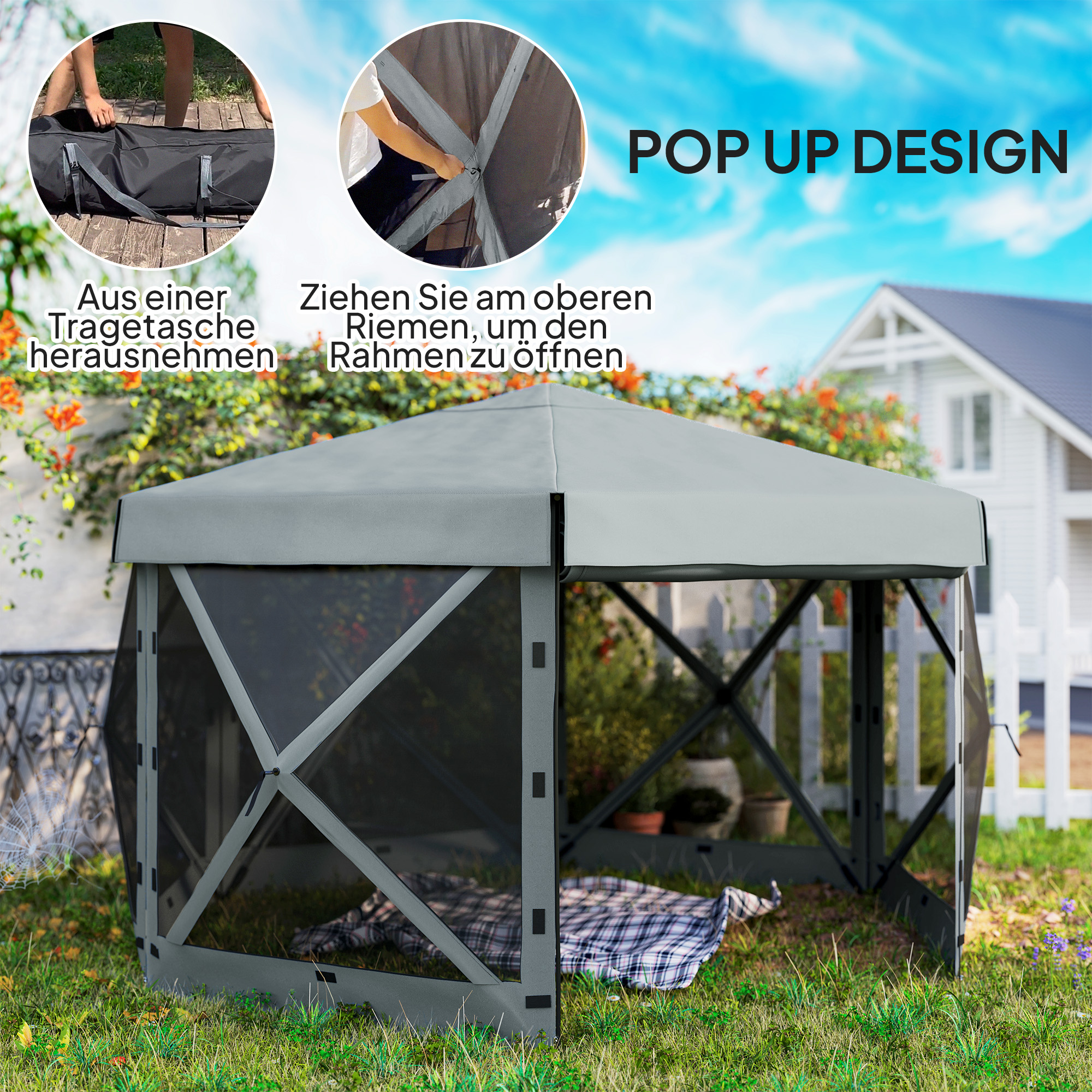 Outsunny Tuin-Paviljoen, Tuintent met 5 Gaaswanden en Draagtas, Waterdicht, UV-bestendig, Partytent, Lichtgrijs