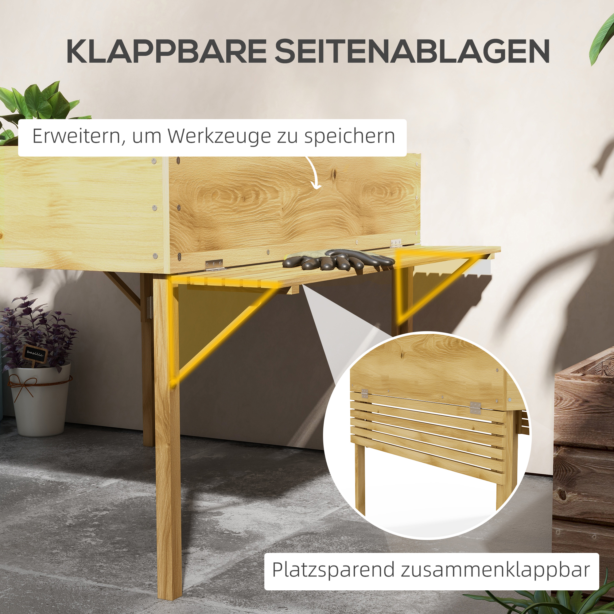 Outsunny Houten verhoogde plantenbak met 12 scheidingsroosters, inklapbare zijplanken, weerbestendig, sparrenhout, 122 x 91,5 x 89 cm