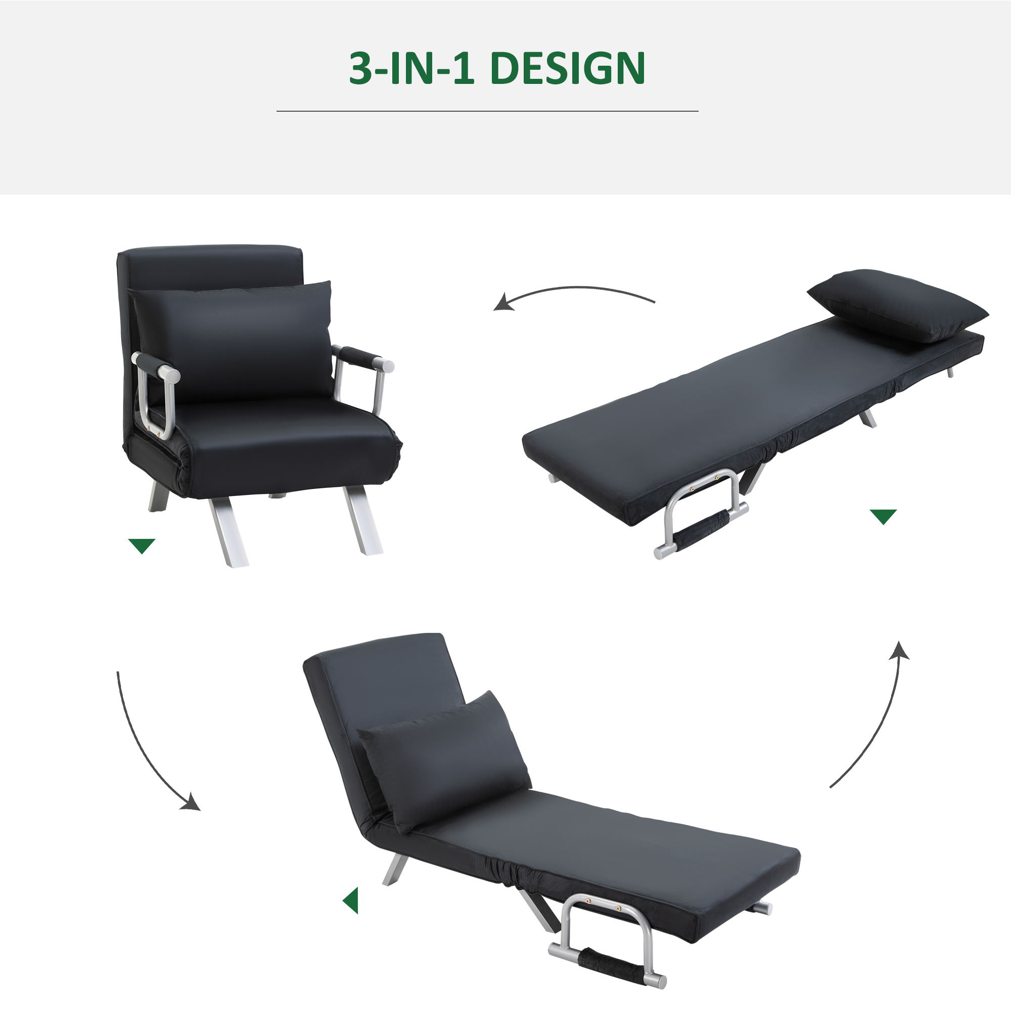 HOMCOM 3-in-1 slaapbank, logeerbed, fauteuil inclusief kussens, zwart