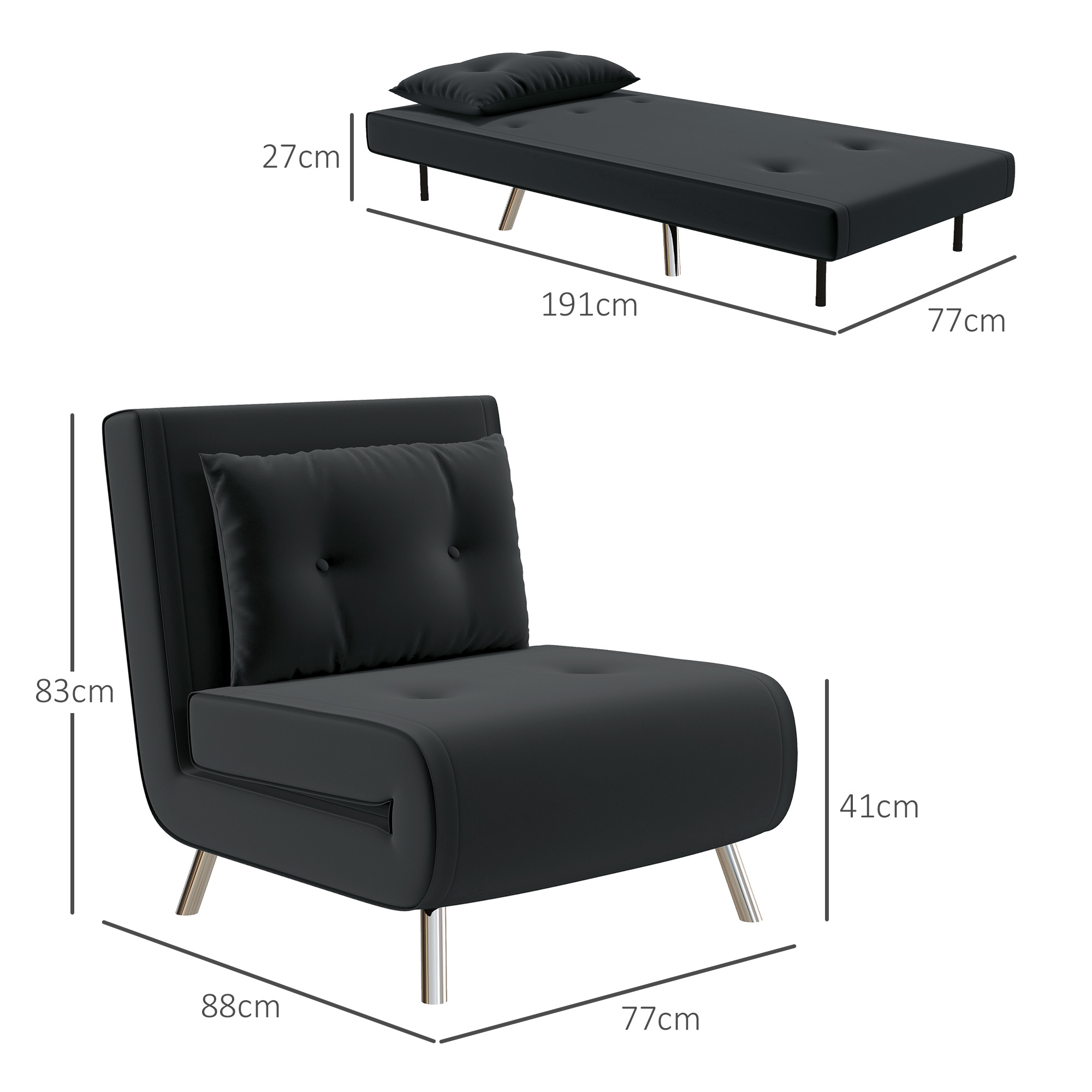 HOMCOM Ligstoel Stoel met Ligfunctie Slaapstoel, Knoophechting, fluweeloptiek, 77 cm x 88 cm x 83 cm, Zwart