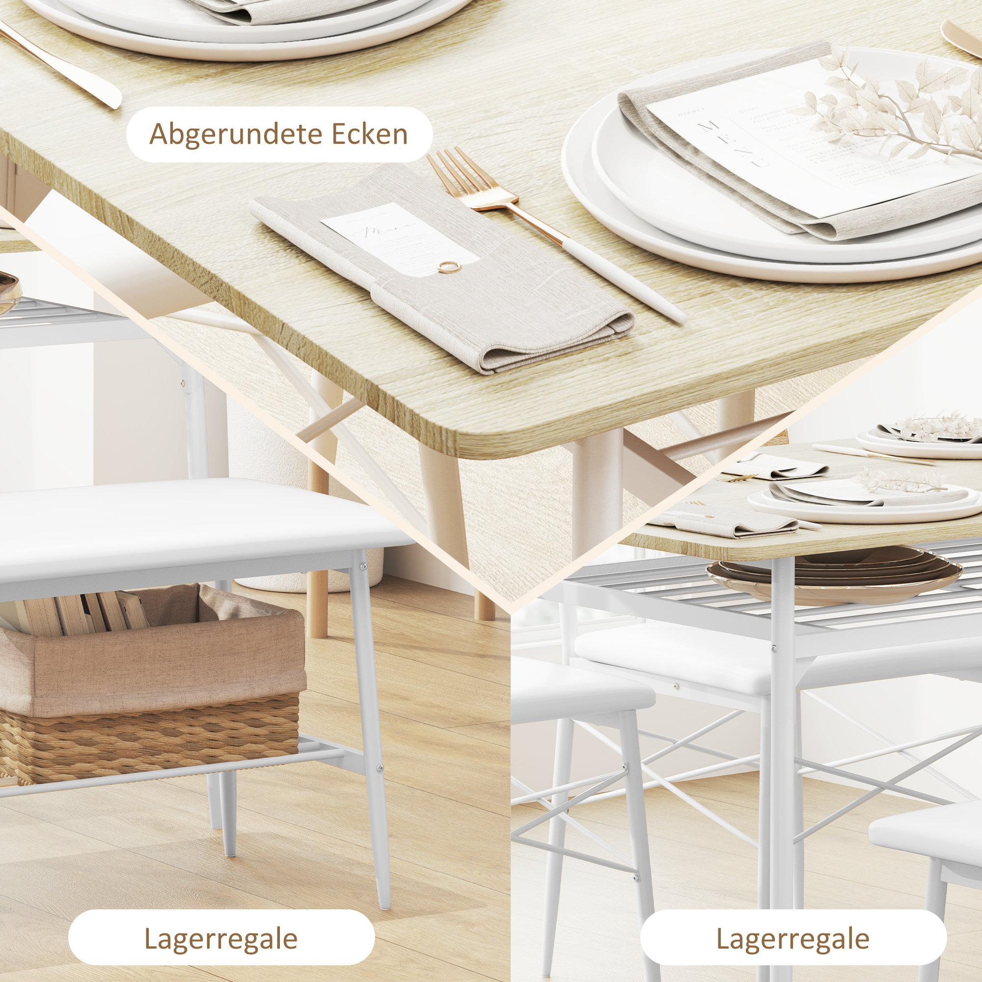 HOMCOM 4-delige Eettafelset met Stoelen en Bank voor 4 Personen, Gepolsterde Zittingen, Staalframe, Hout, Wit