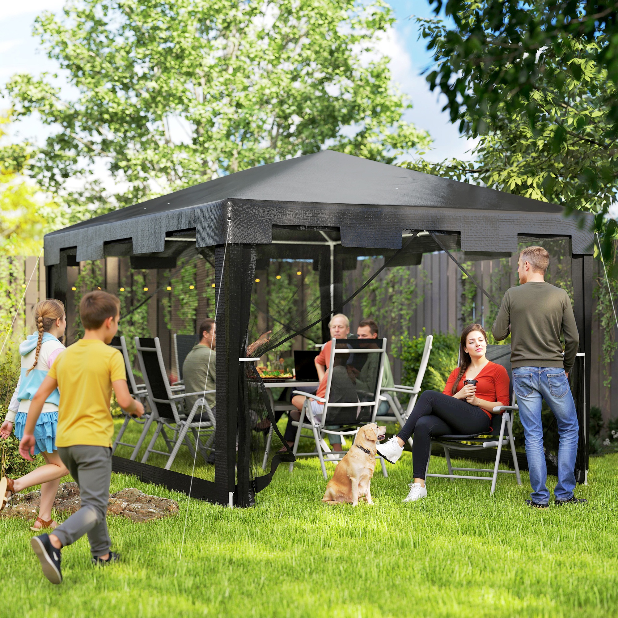 Outsunny Paviljoen 3 x 3 m - Weerbestendig, Opvouwbaar, 395 cm x 295 cm x 255 cm, Zwart
