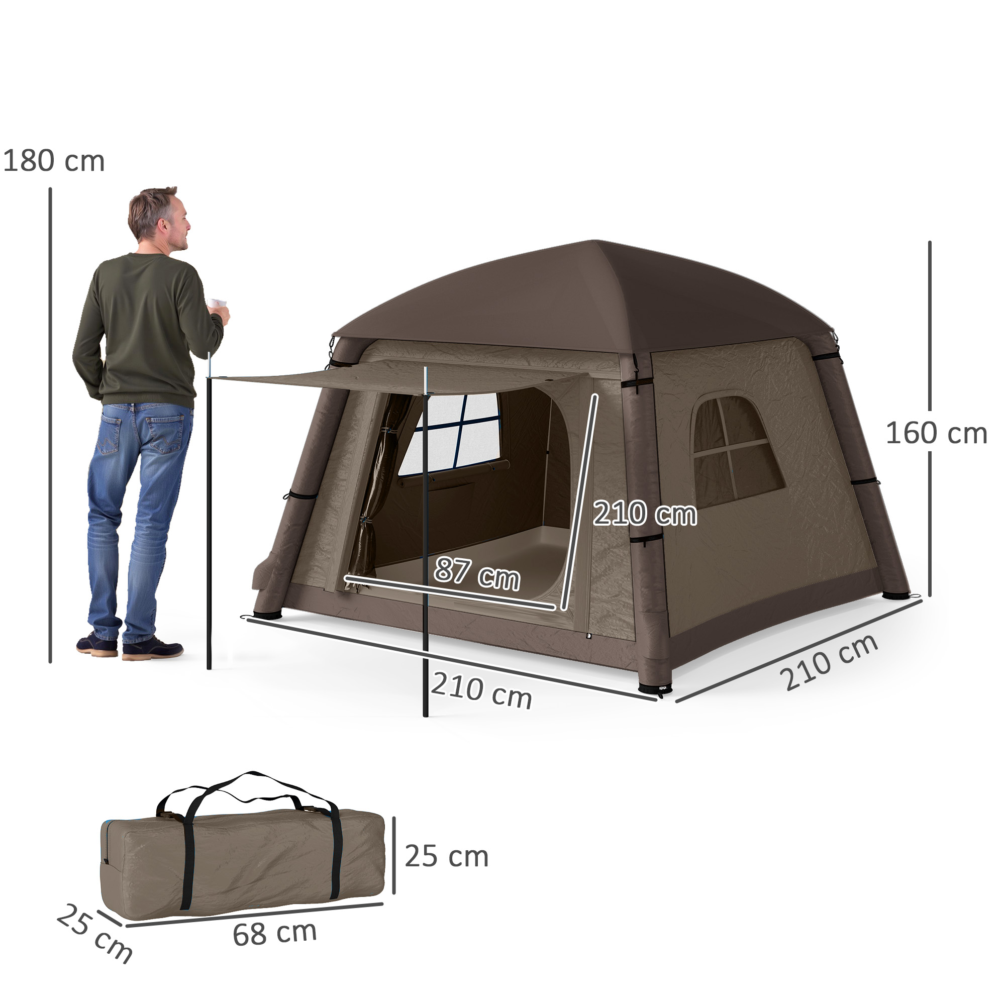 Outsunny Opblaasbare Campingtent voor 1-2 Personen Outdoor Familie Tent met Haak, Luchtpomp, Vensters en Deuren voor 4 Seizoenen