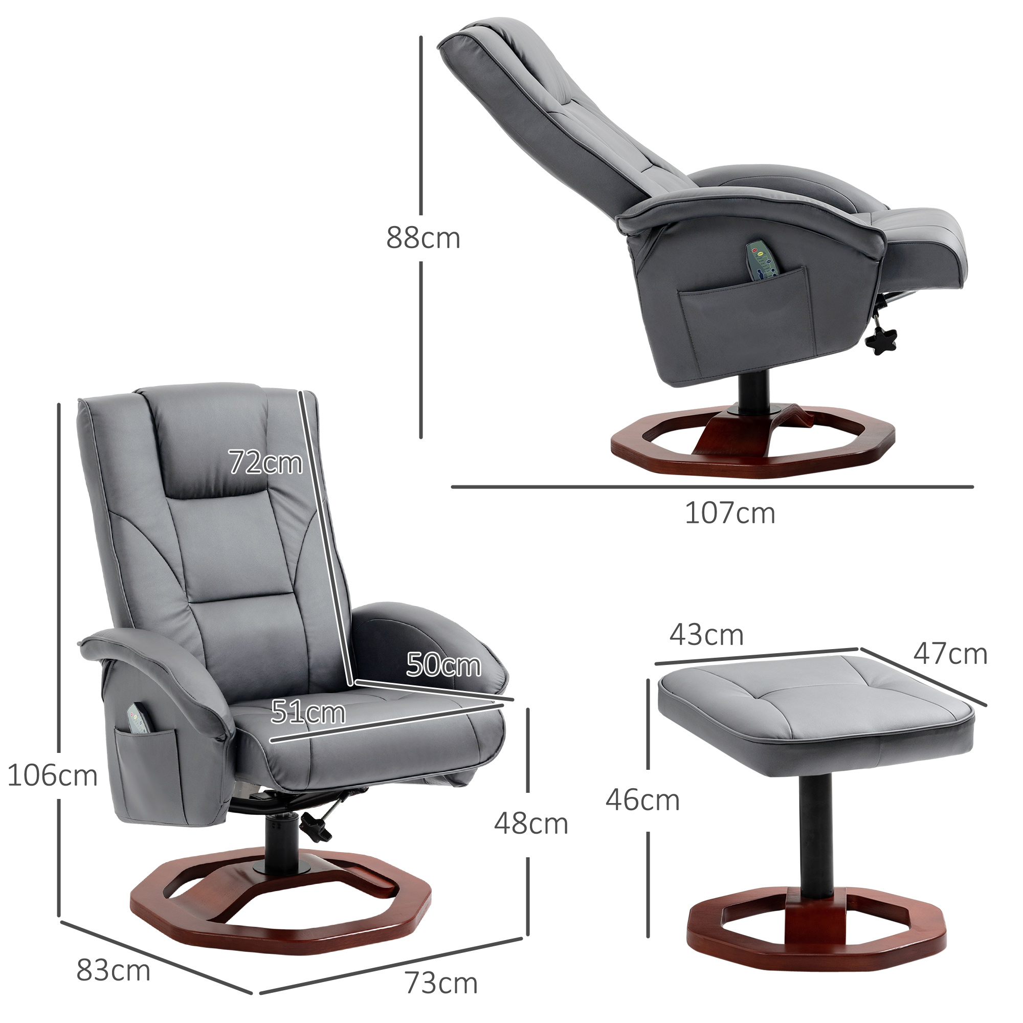 HOMCOM Massagestoel met Voetenbank, Verstelbaar, Afstandsbediening, Draaibaar, Leatherlook, tot 150 kg, Donkergrijs