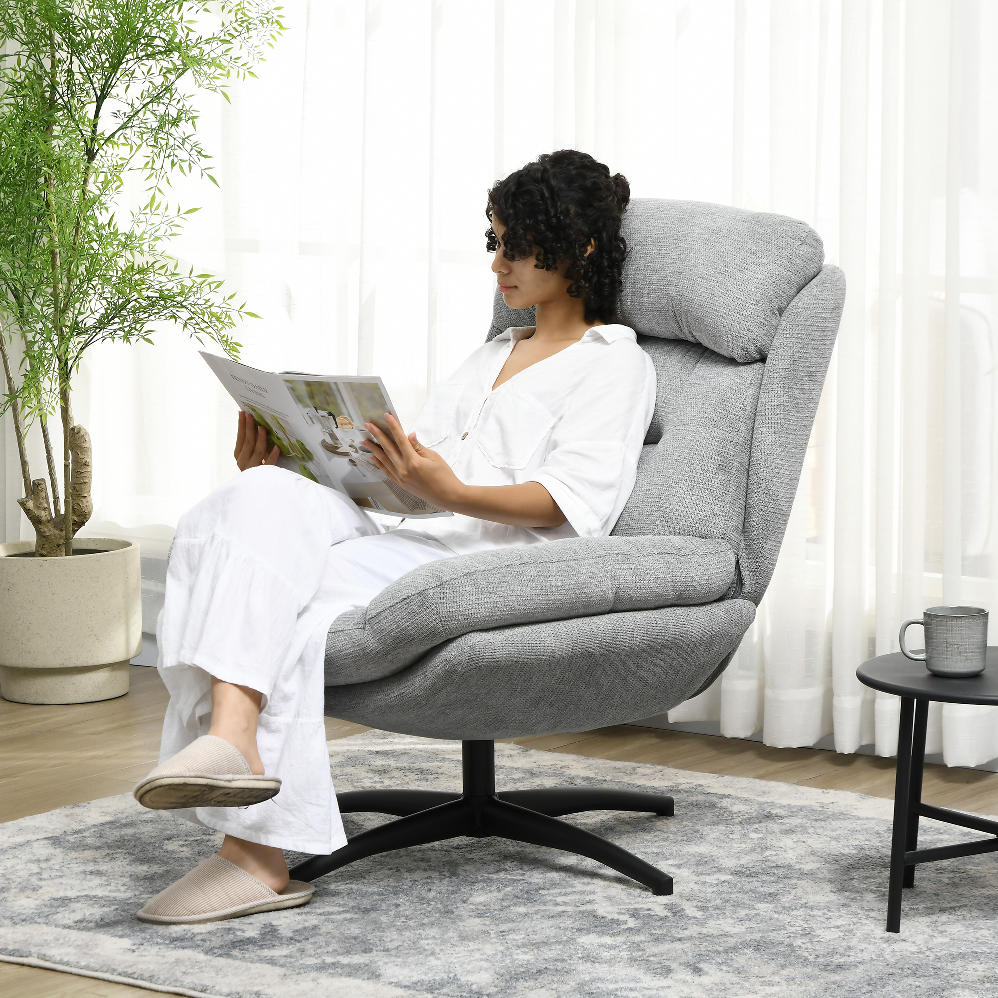 HOMCOM Draaistoel, 360-graden rotatie, Chenille-stof, Geïntegreerde Armleuningen, Stalen Poten, Grijs, Zwart