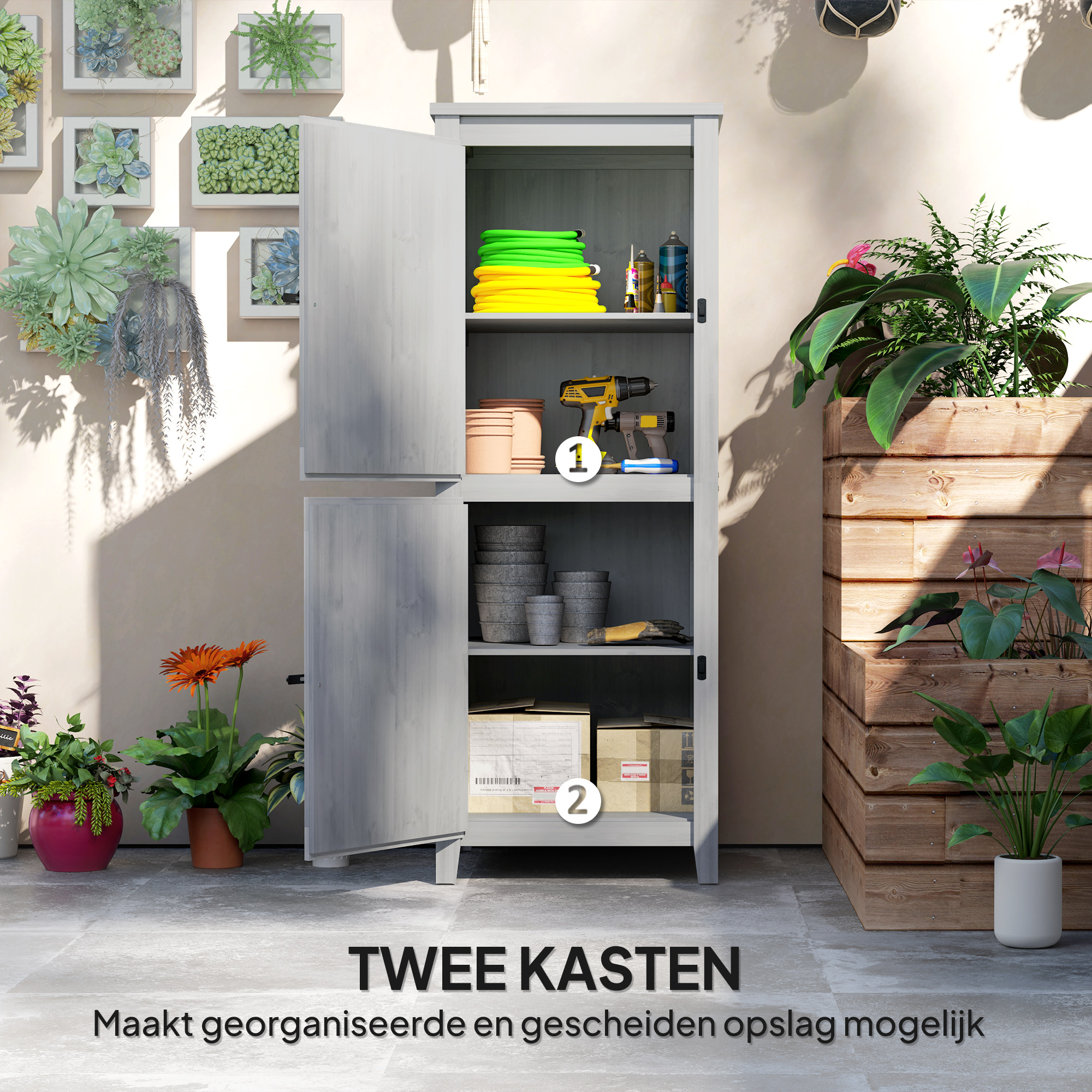 Outsunny Houten Tuinschuur, Compacte Tuinschuur voor Gereedschap en Tuingereedschappen met Afsluitbare Deuren, Lichtgrijs