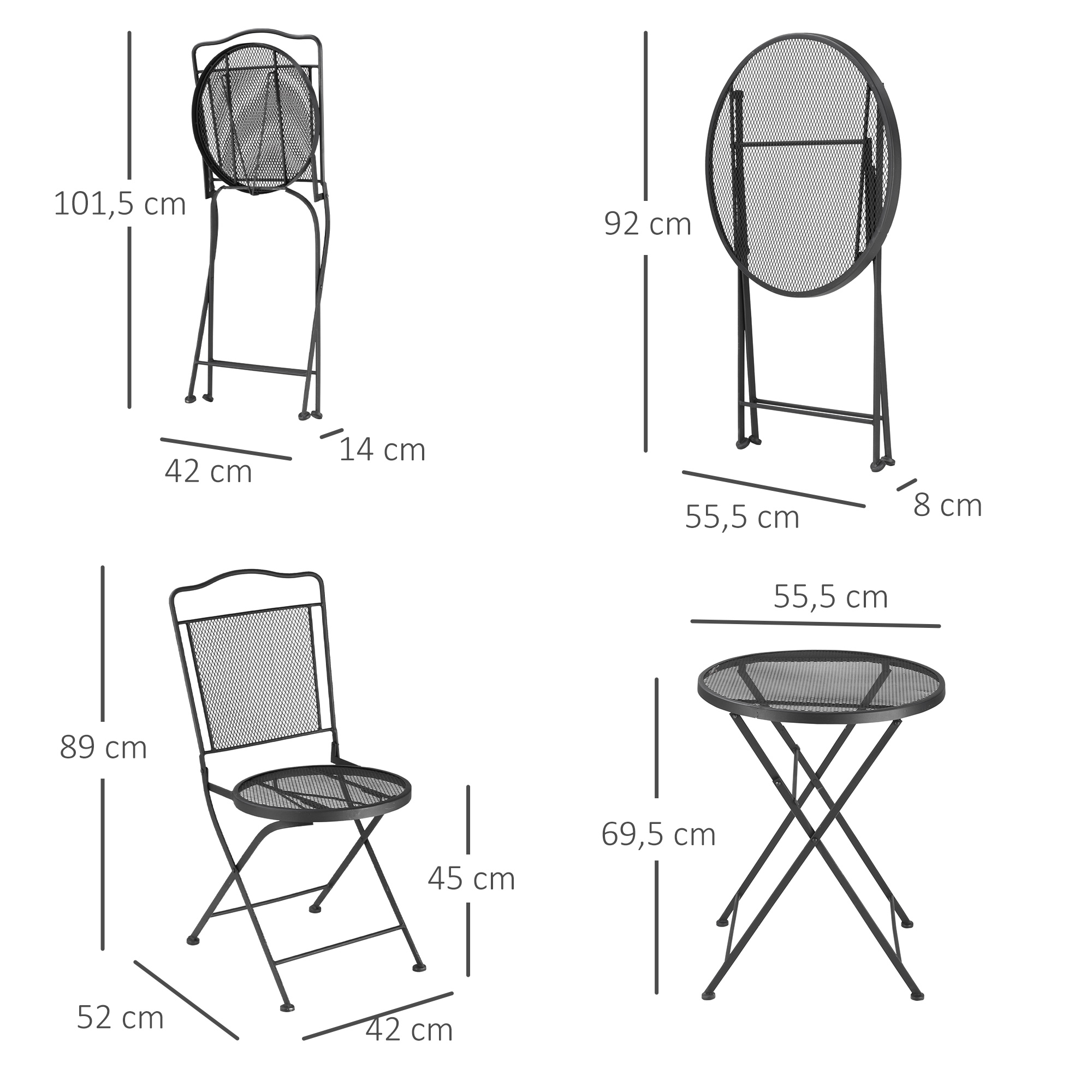 Outsunny zitgroep, 3-delige eetset, bistroset, tuinmeubelset, balkonmeubelset, 1 tafel + 2 stoelen met parasolgat, terras, metaal, zwart