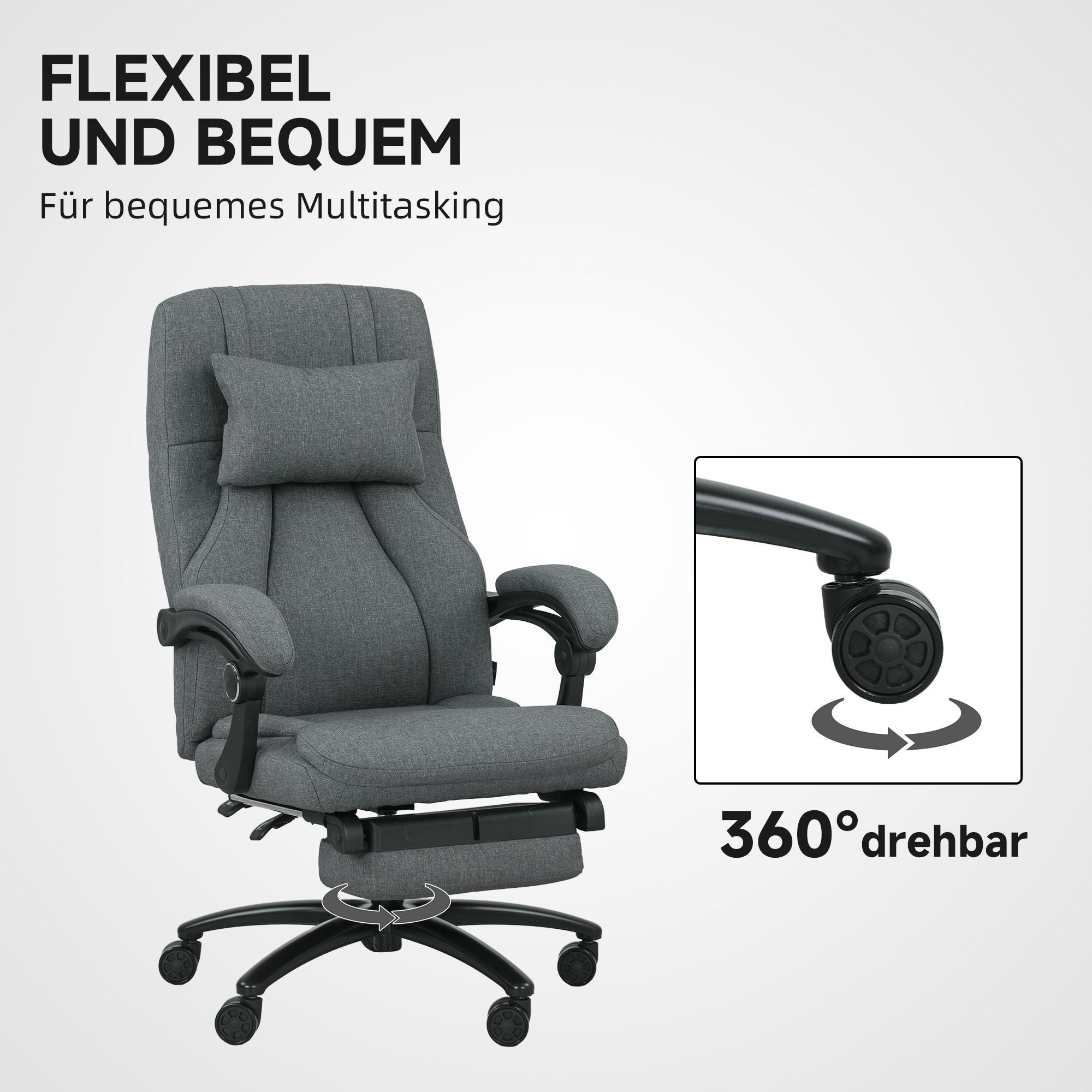Vinsetto Massagewerkstoel, USB-aansluiting, draaibare wielen, Donkergrijs