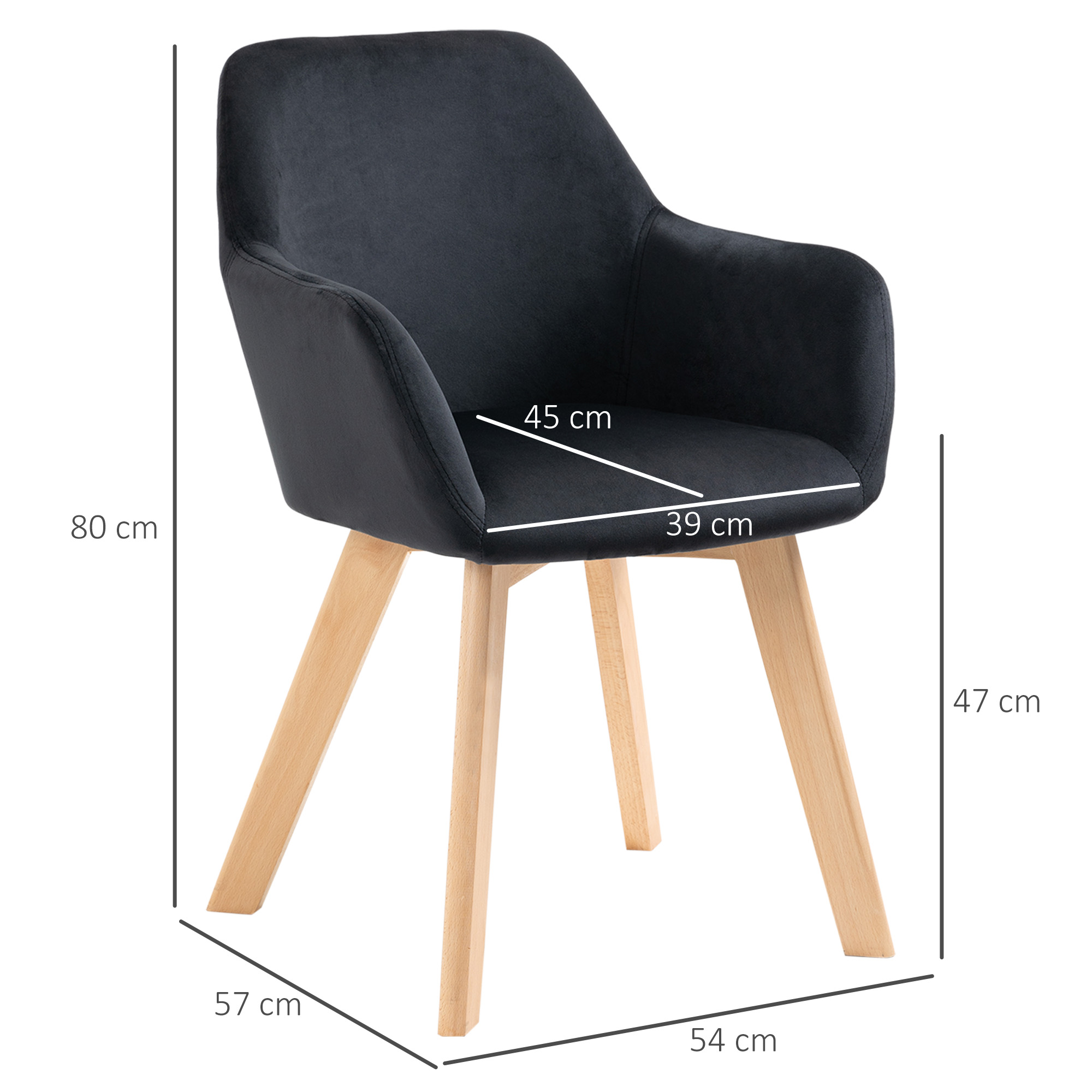 HOMCOM Eetkamerstoelen, 2-delig, modern ontwerp, velourslook, rubberhout, 54x57x80 cm, Zwart