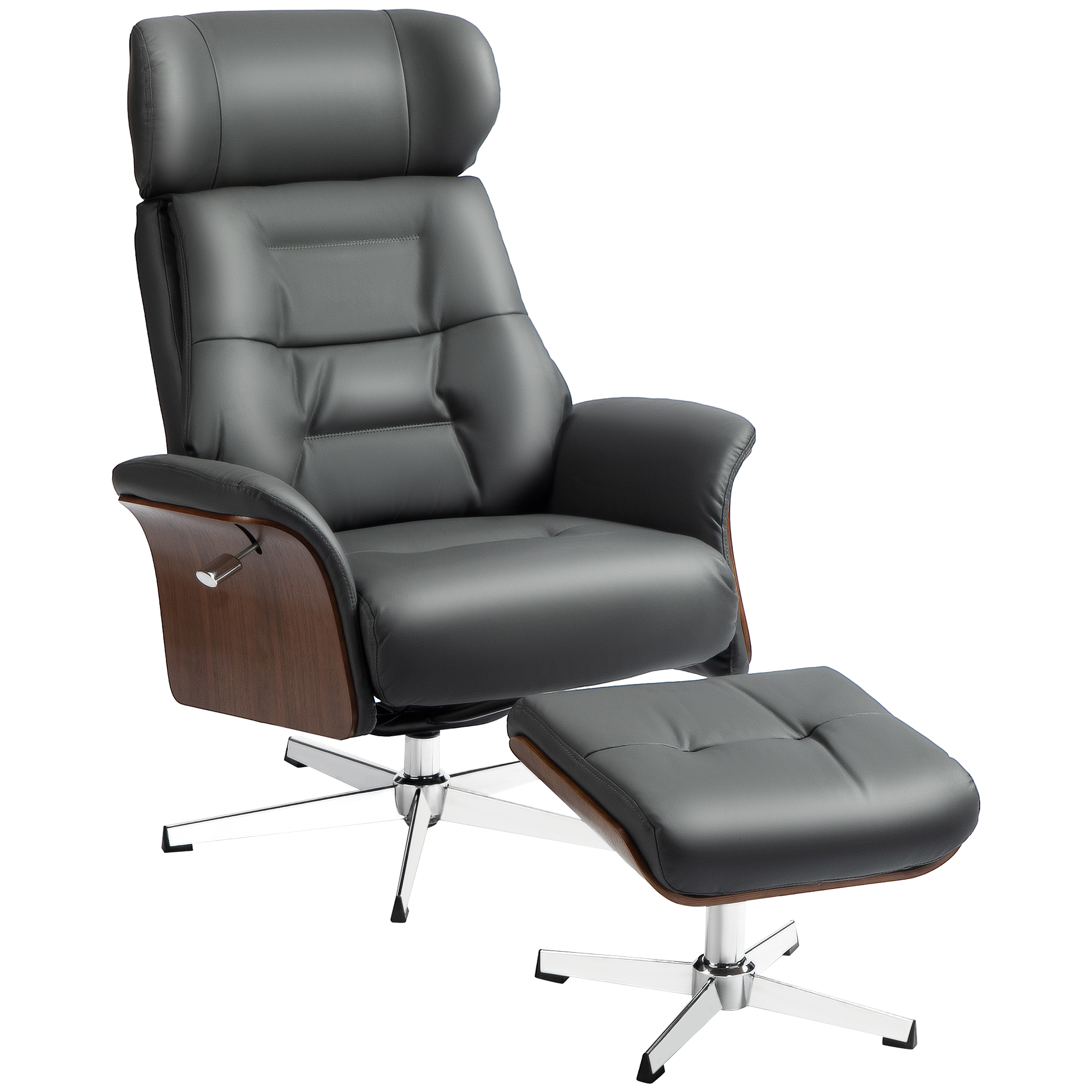 HOMCOM Relaxstoel met kruk, Ligfunctie, Draaibaar, Lederlook, tot 150 kg, Donkergrijs