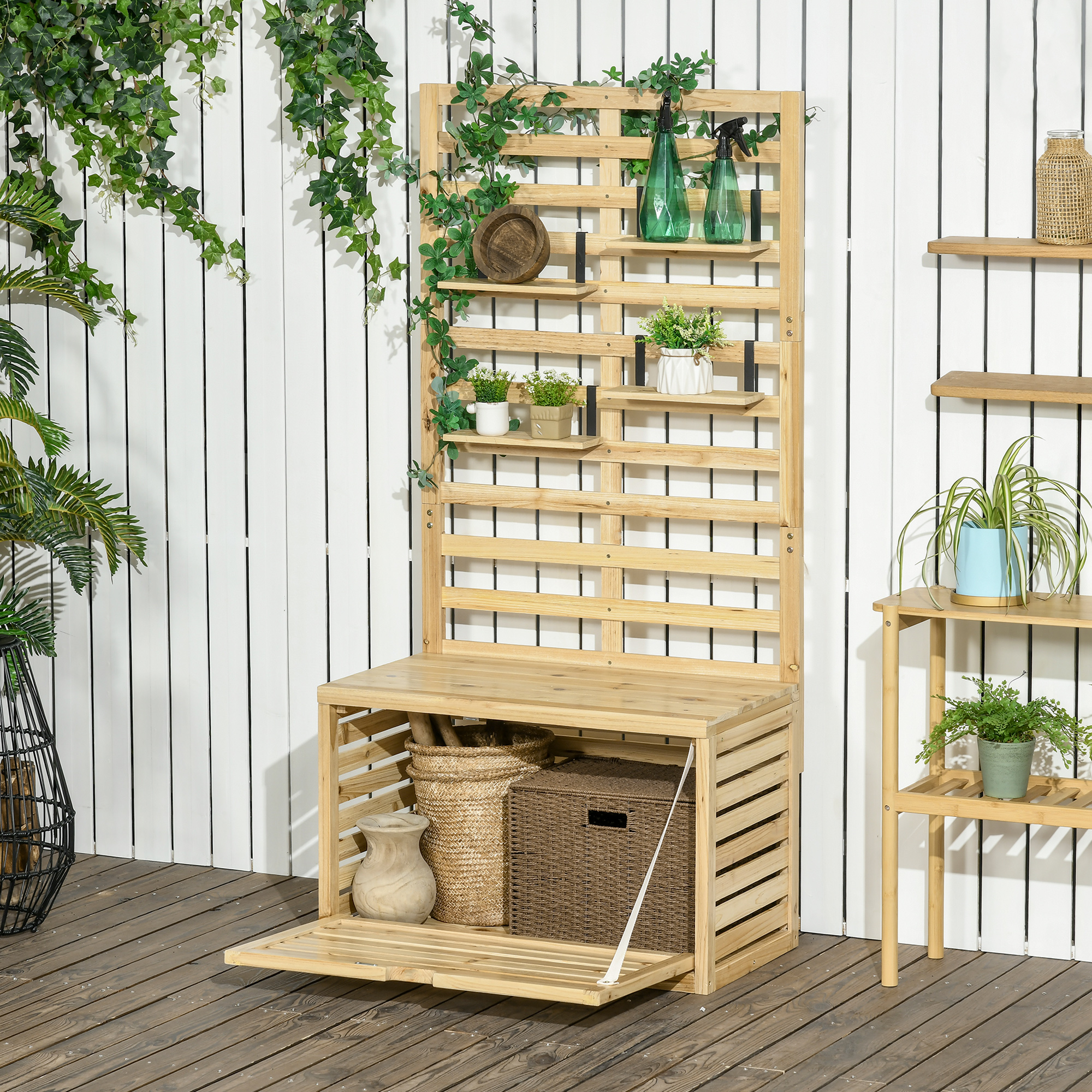 Outsunny opbergdoos, tuinkist met hekwerk, opbergdoos met planken