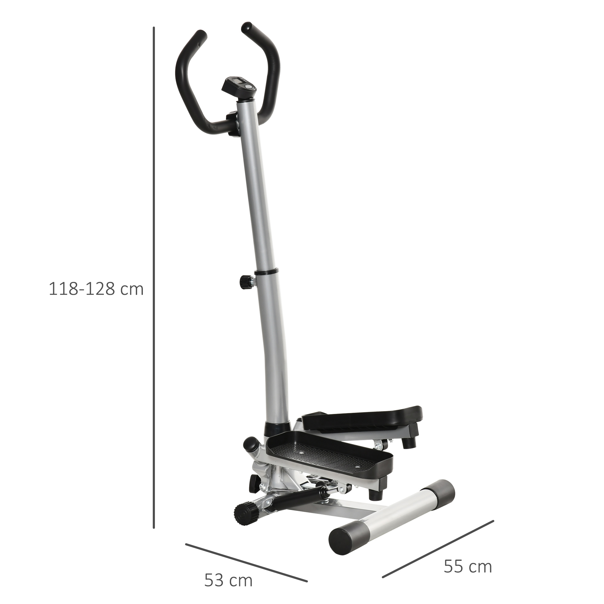 HOMCOM stepper met handvat fitness hometrainer voor thuis, klein fitnessapparaat voor been- en bodemtraining met LCD-scherm, instelbare snelheid Metaal ABS Zwart + Zilver 55 x 53 x 118-128 cm