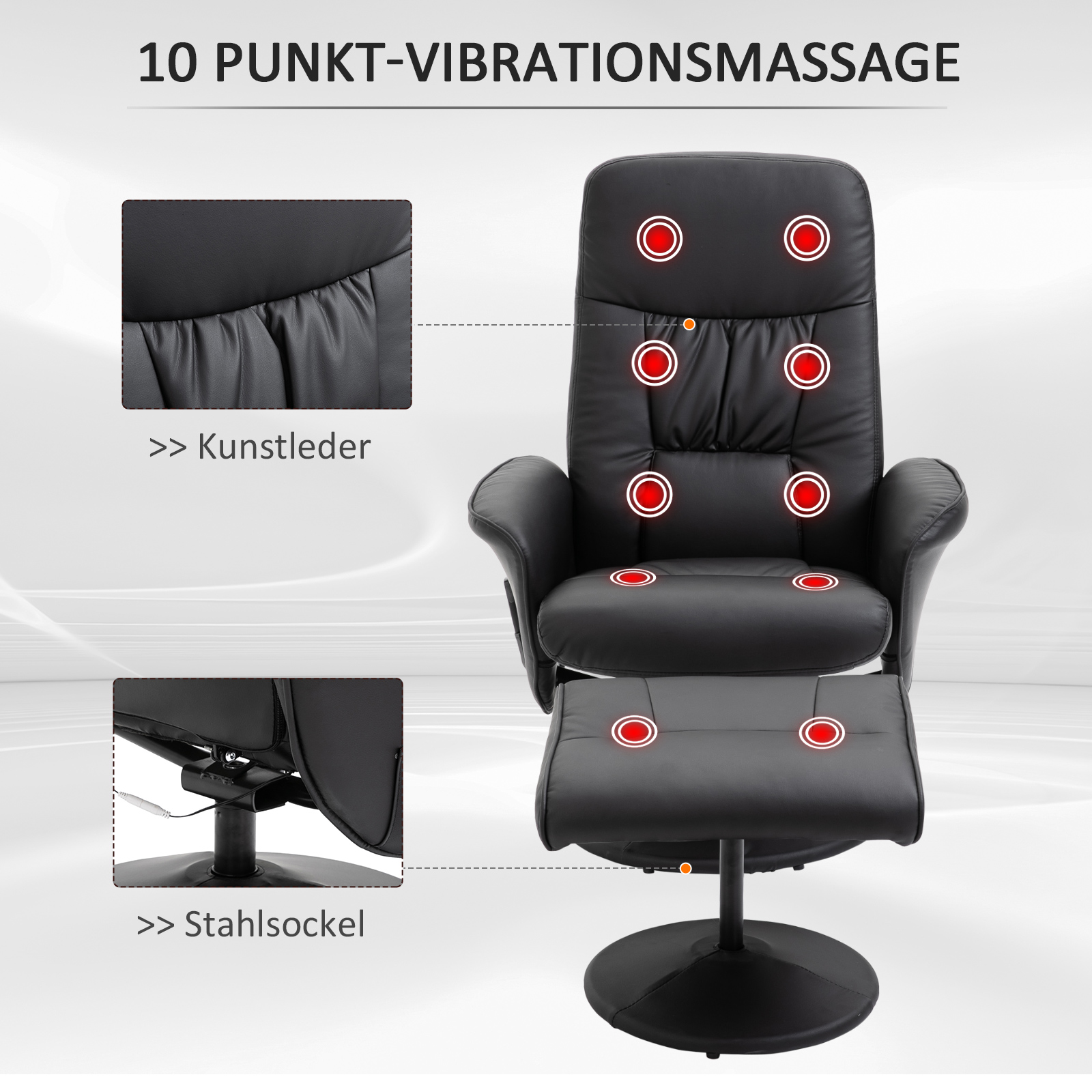HOMCOM massagestoel met voetenbank relaxstoel massagestoel tv-stoel 145° hellingshoek kunstleer zwart 76 x 81 x 105 cm