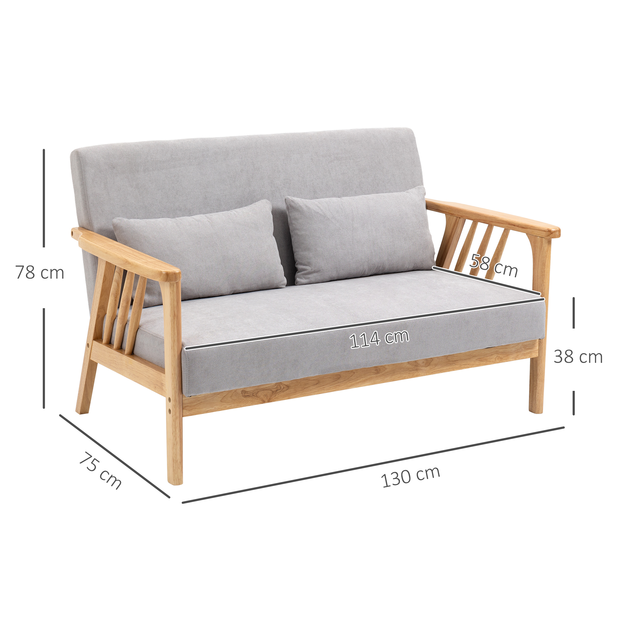 HOMCOM Sofa Relaxbank 2-zitsbank, inclusief 2 kussens, fluweelachtige uitstraling, rubberhout, 130 cm x 75 cm x 78 cm, Grijs + Natuurlijk