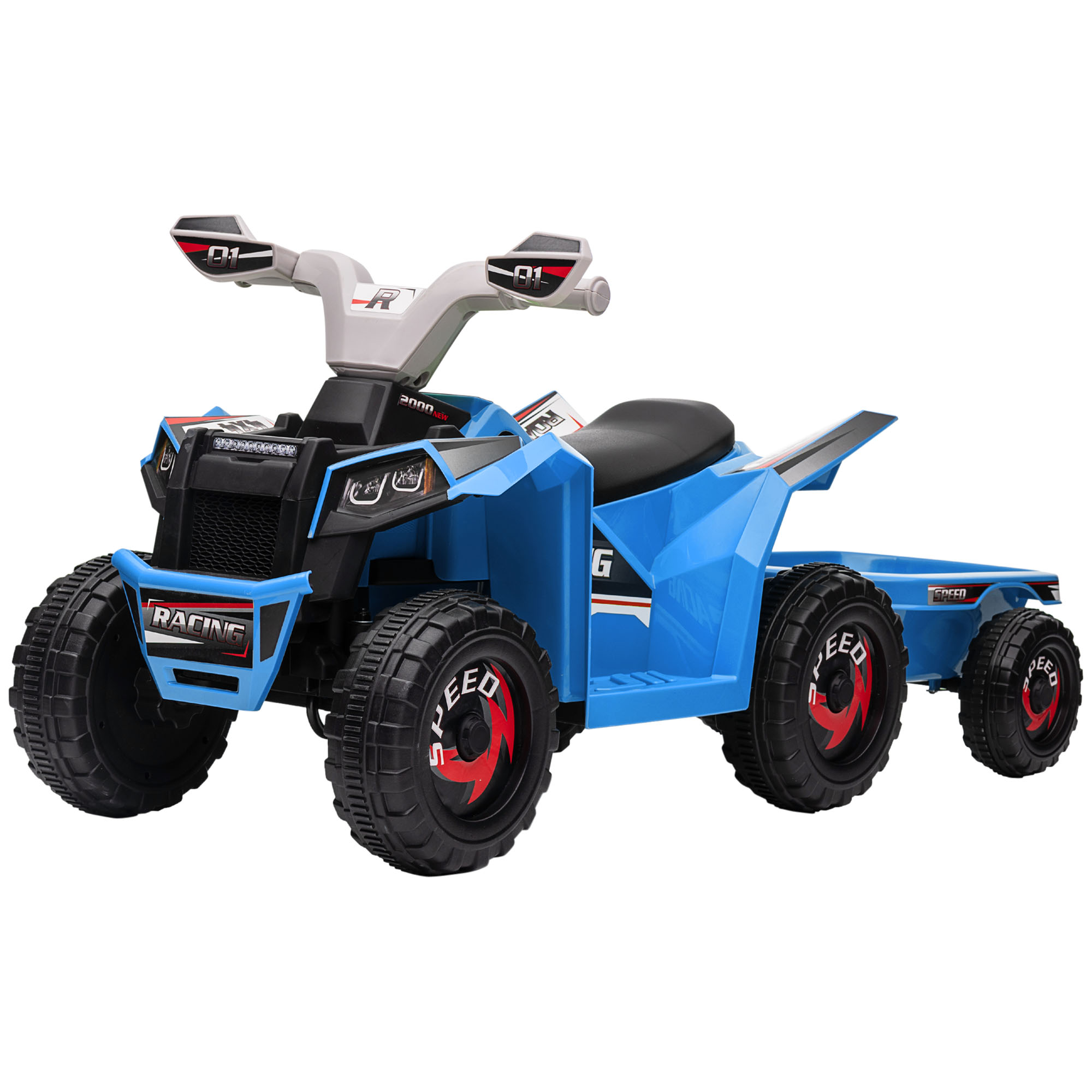 HOMCOM Kinderquad 2,5 km/h met aanhanger 50 minuten rijtijd achteruitversnelling metaal blauw